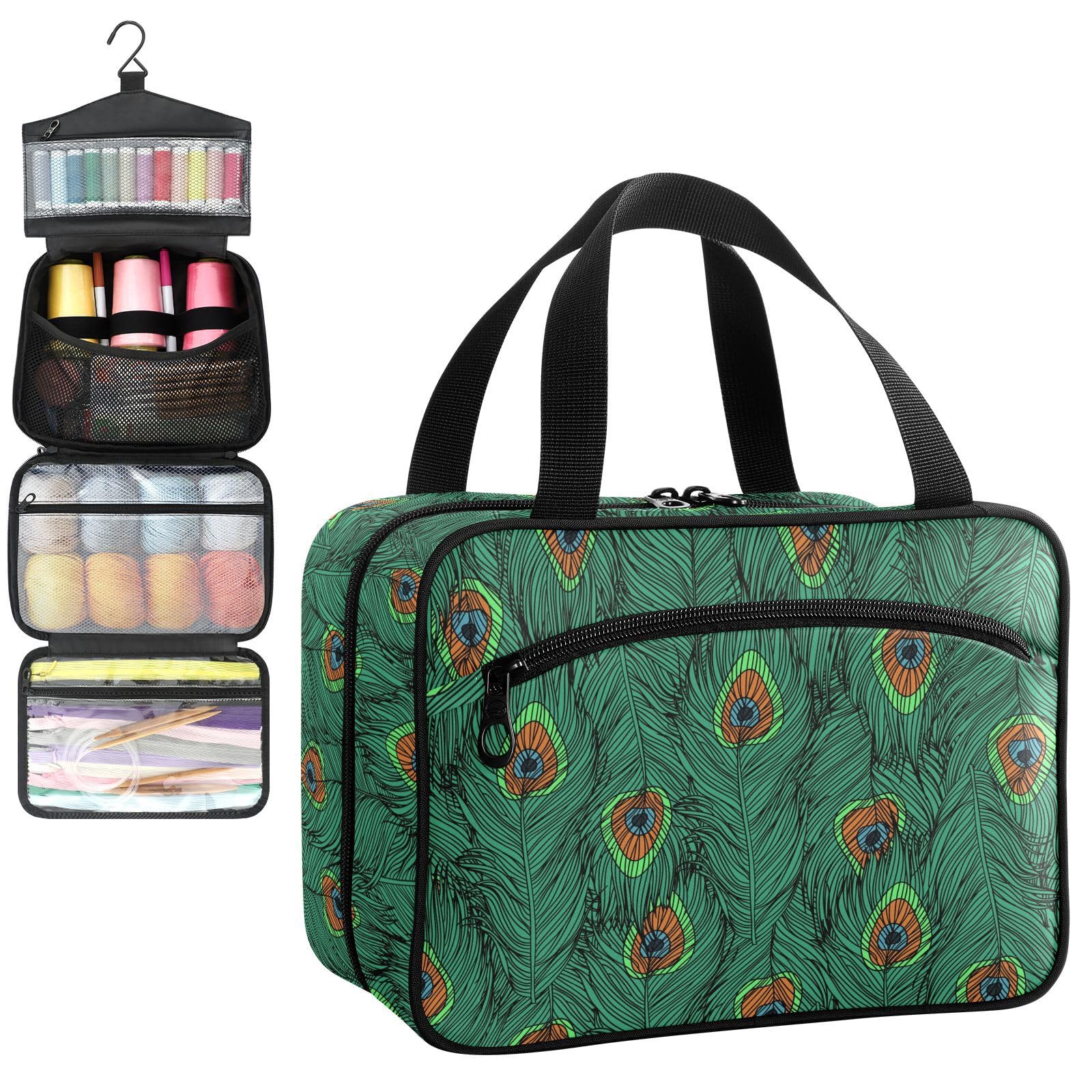 YNNALE Sewing Supply Organizer Bag, Peacock Feather Pattern Exotic Animal Green Portable Sewing Bags with Pockets&Hanger, Sewing Storage Box Case for Sew Supplies/Kit/Tools/Accessories (BAG ONLY)