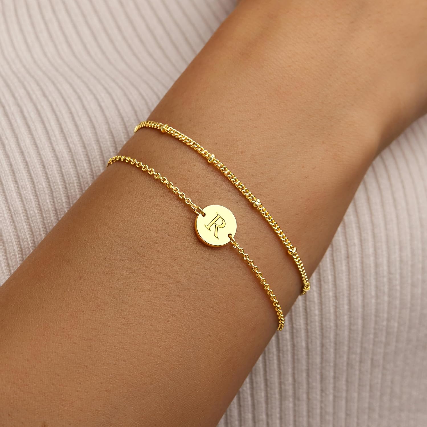 Inerney Personalized Gold Initial Bracelets for Women - Dainty 14K Gold Plated Layered Disc Monogram Charm Bracelet, Customizable A-Z Letter Jewelry Gift for Her - Image 2