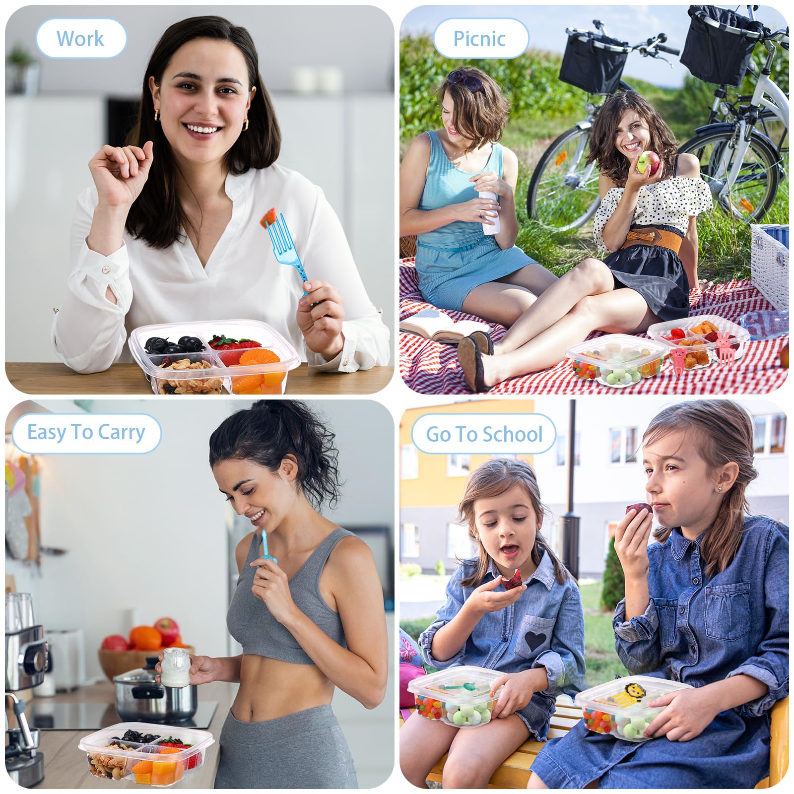 Dandat 50 recipientes de plástico transparente con tapas, 4 compartimentos, cajas de aperitivos Bento reutilizables con 50 palillos de comida de animales para niños, adultos, escuela, oficina, trabajo