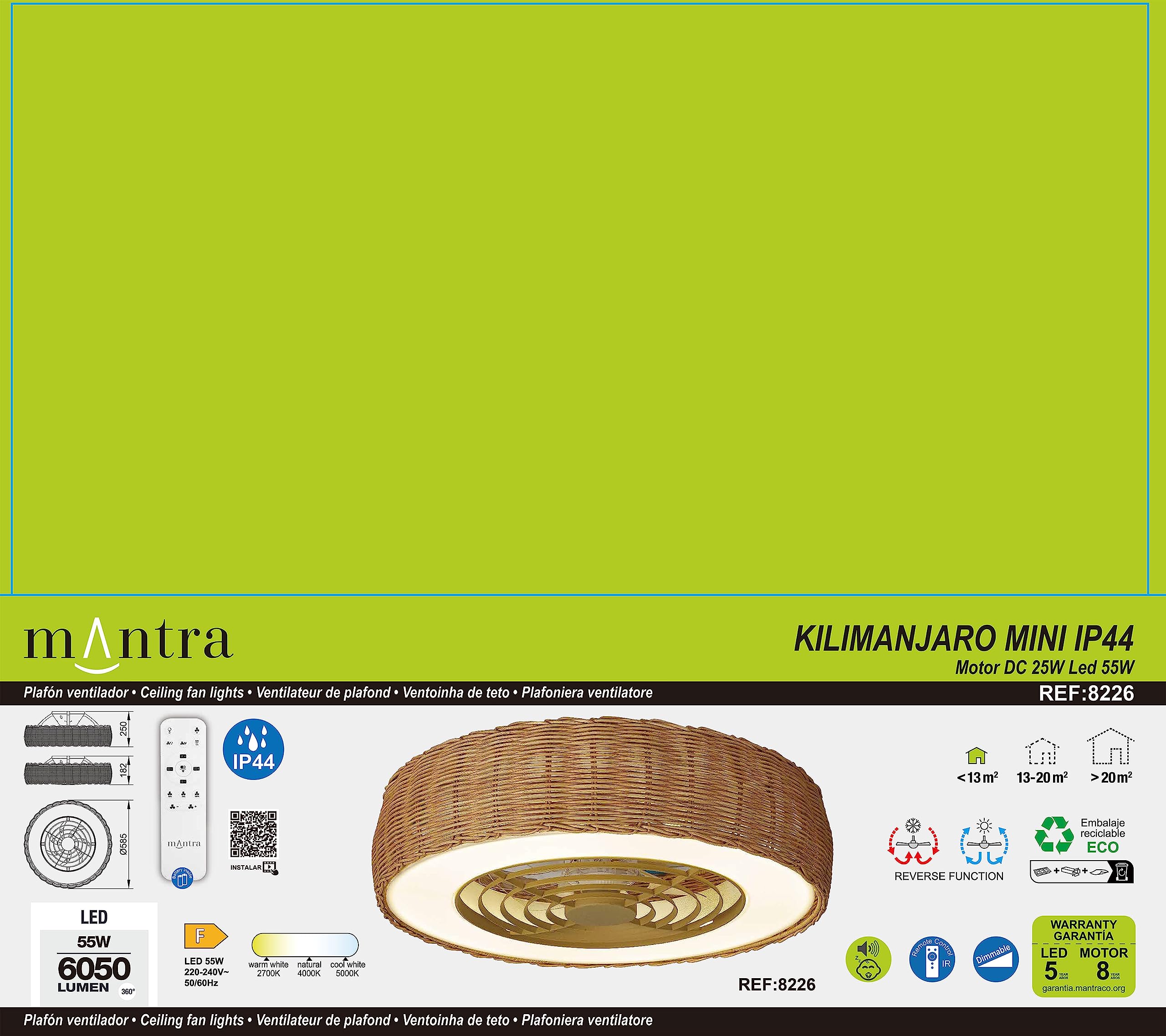 Ventilador KILIMANJARO MINI 55w - Con Mando A Distancia Y Luces LED (25cm De Alto)