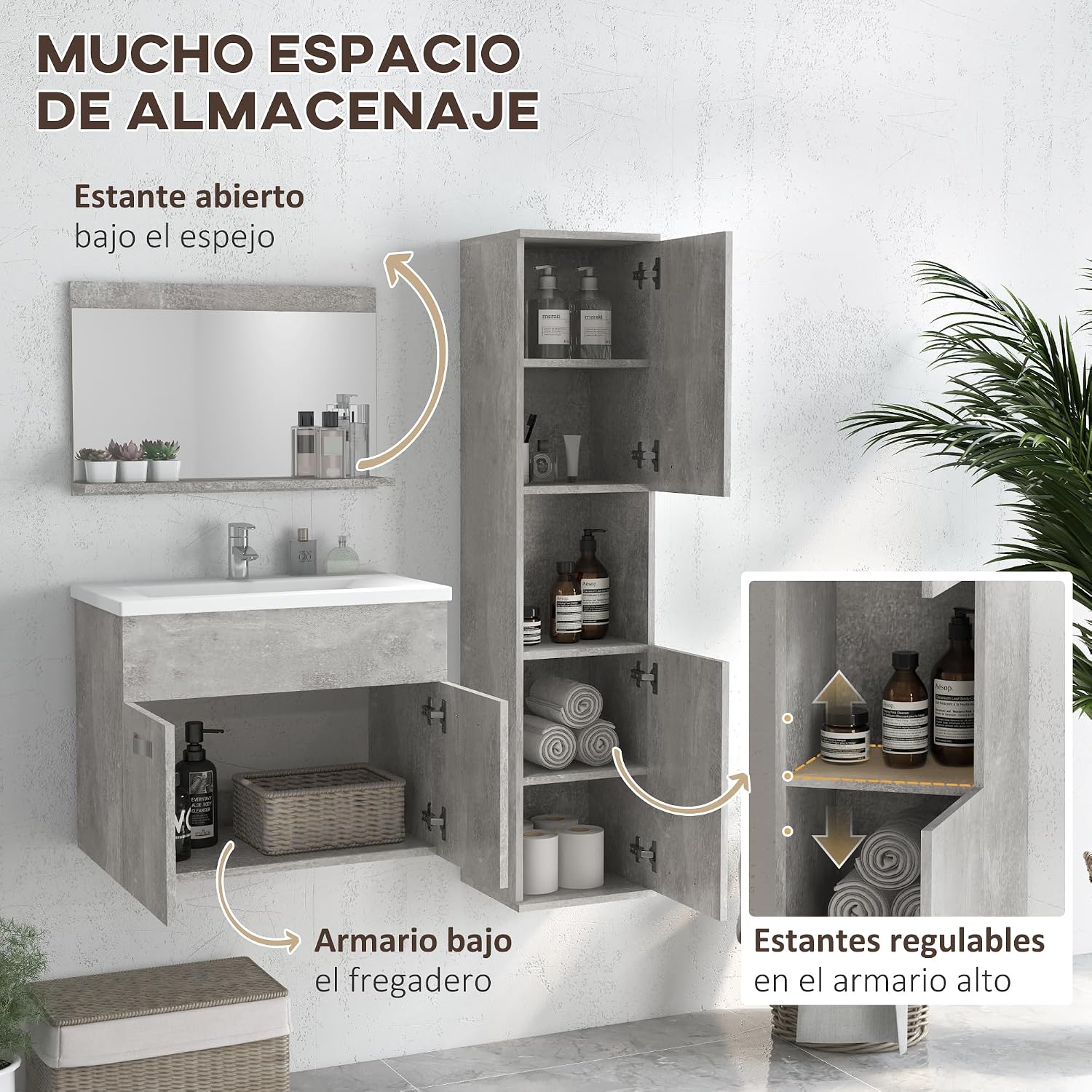 Image showing the interior of the vanity unit and tall cabinet, highlighting the storage space and adjustable shelves.