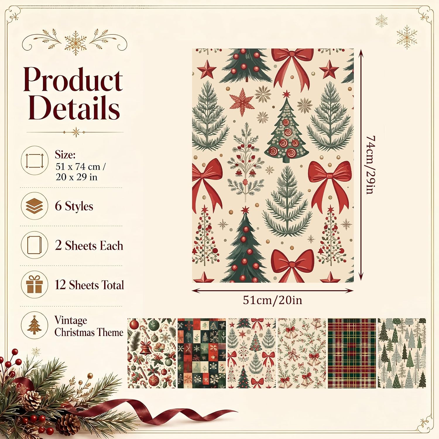 12 Sheets Vintage Christmas Wrapping Paper, 20"x29" image 2