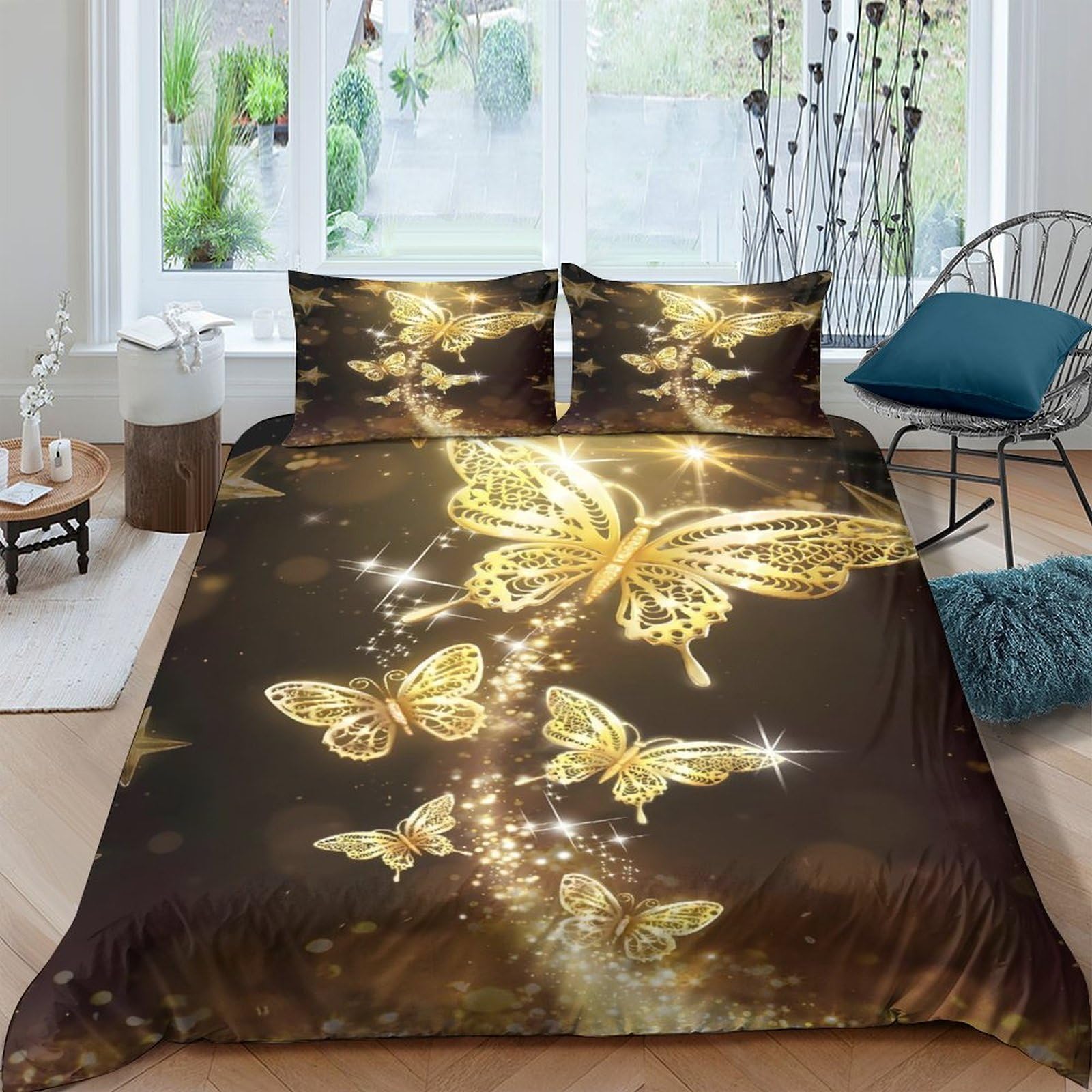 Ctjqhvkz Style-8 3D Printed Golden Butterfly Fitted Sheet Microfiber Soft Decorative Brown Bed Cover For Bedroom Guest Room Dorm Single（135X200cm）