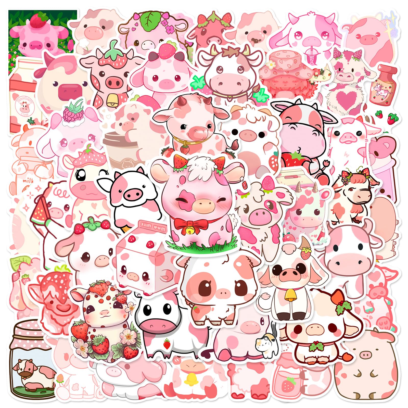 50PCS Kawaii Cow Stickers for Adults Kids Teens,Cartoon Rainbow Cows Animal Waterproof Decals for Water Bottles Laptop Scrapbook Phone Helmet Skateboard Snowboard Guitar Luggage Journal