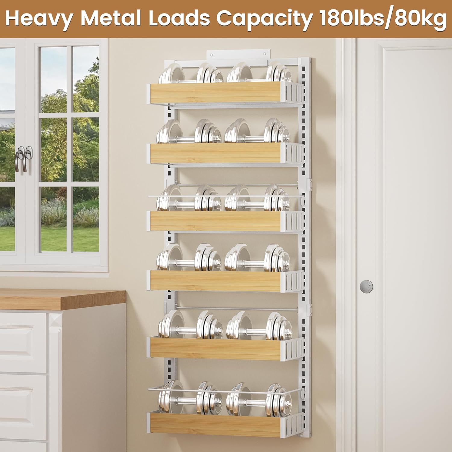 6 Tier Over The Door Pantry Organizer, 2-in-1 Door Hanging or Wall Mounted Spice Rack, Large Heavy Duty Pantry Door Storage Seasoning Shelves with Adjustable Basket for Kitchen Bathroom Closet