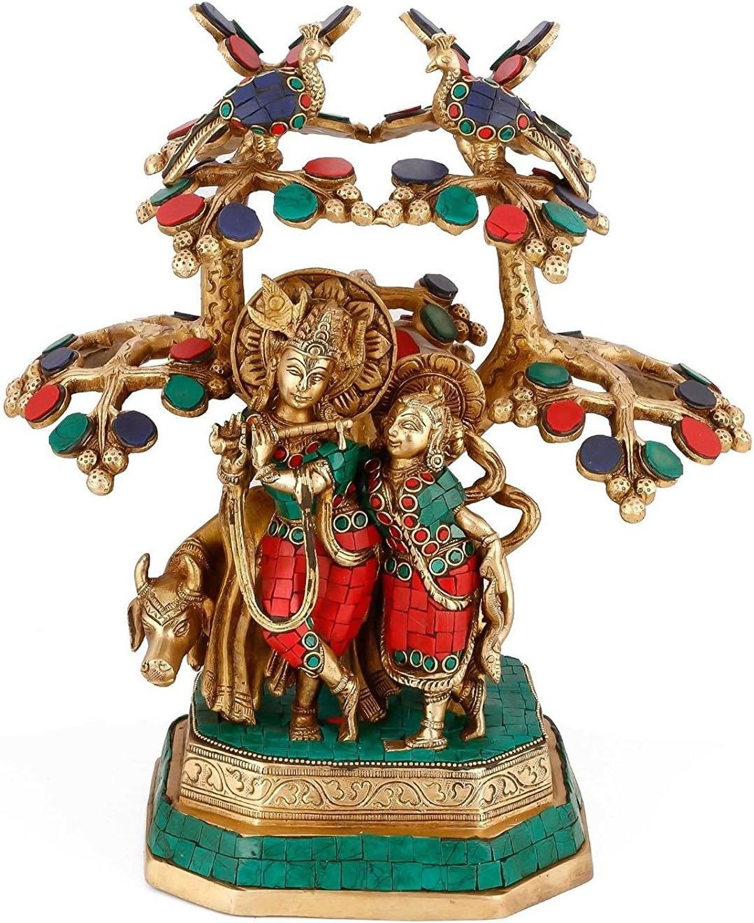Anonymous Artist Large Radha Krishna Statue Idol Brass with Turquoise Work Hindu Sculpture Figurine (Large)