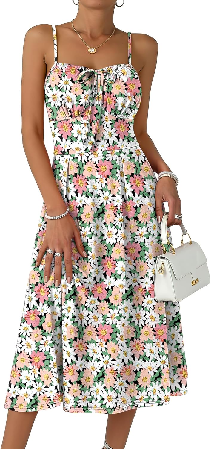 Caracilia Summer Dresses for Women Floral Corset Spaghetti Strap Milkmaid Midi Sundress 2026 Flowy Wedding Guest Dresses