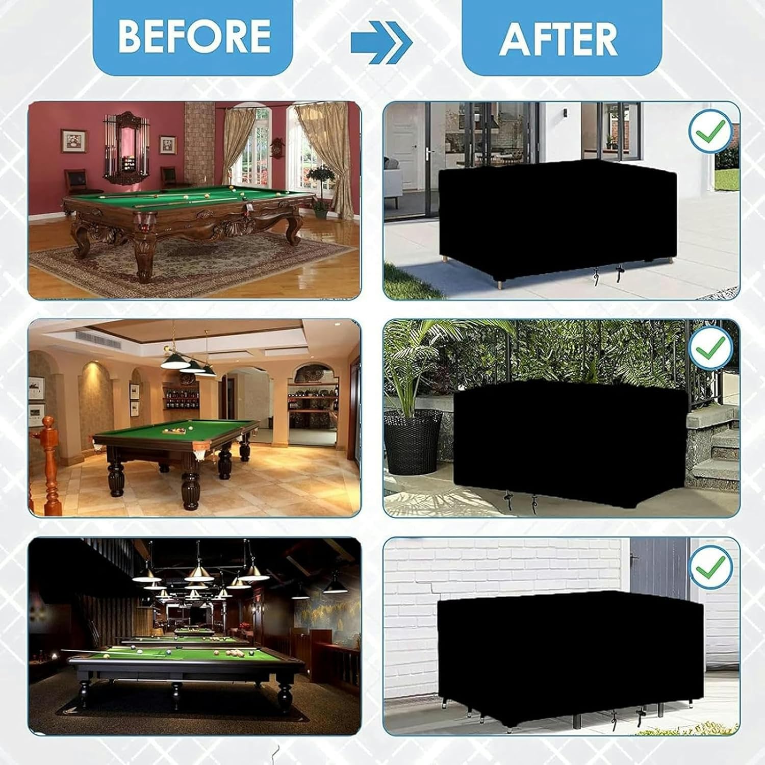 Pool Table Cover, Billiard Pool Table Cover Waterproof Weather Resistant Outdoor Pool Table Cover Durable Anti-uv Dustproof Outdoor Table Protective Cover with Drawstring, 96.5x55x7.9in, Black