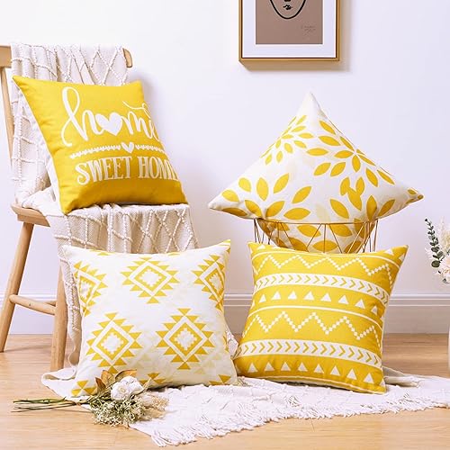 Miniatura 3 de UINI Fundas de almohada decorativas amarillas de 18 x 18 pulgadas juego de 4 fundas de almohada geométricas modernas fundas de cojín de lino y