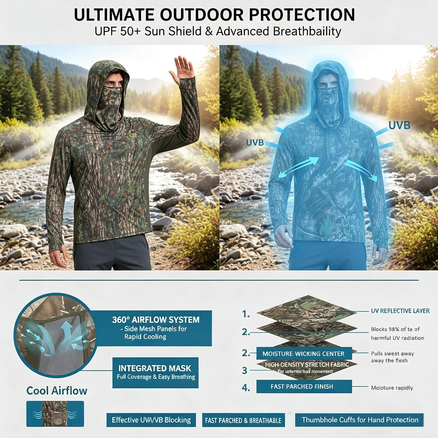 Mens Camo Hoodie Hunting Shirts with Separate Mask UPF 50+ Long Sleeve Fishing Sweatshirt Camp