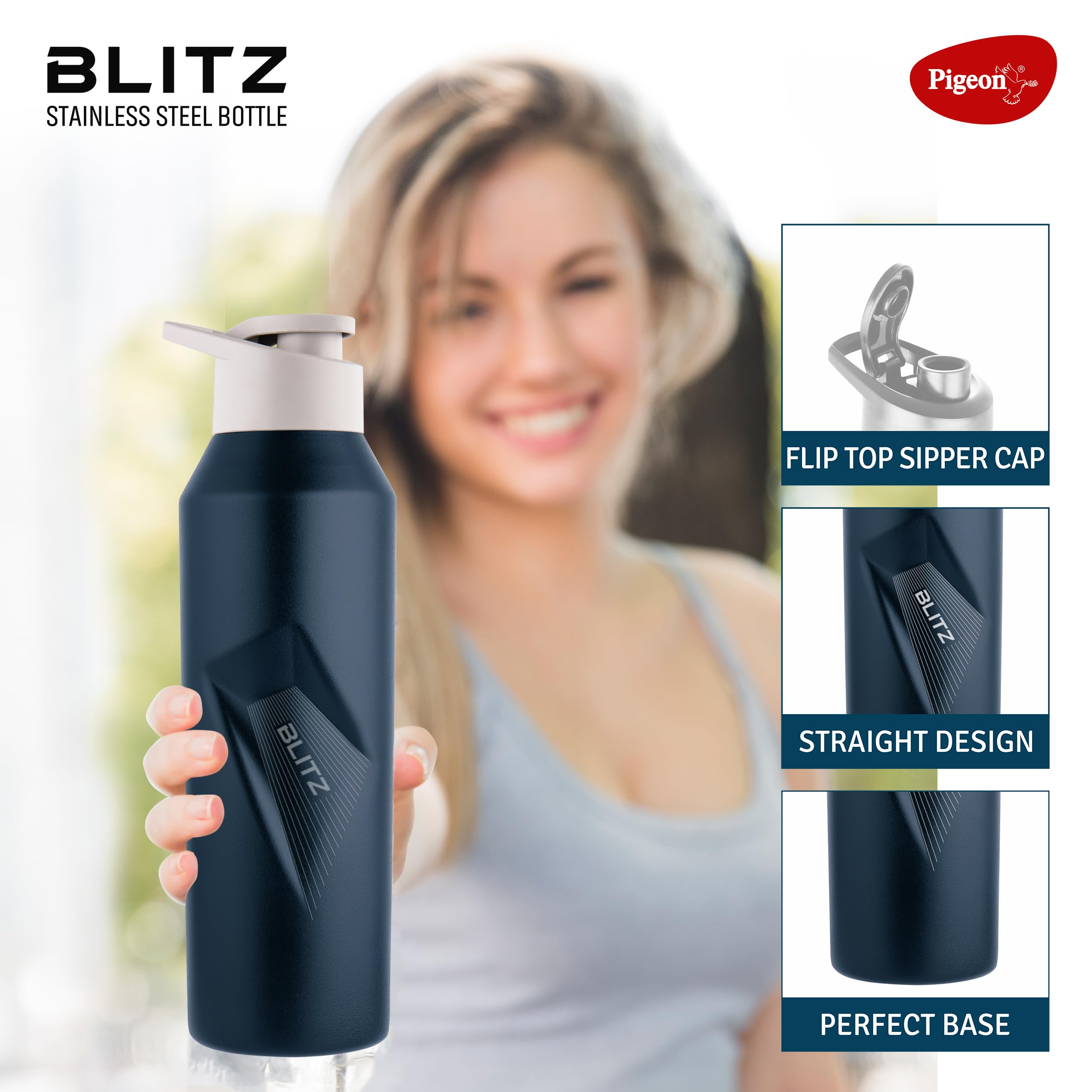 Pigeon Blitz Stainless Steel Water Bottle With Sipper Cap | Eco friendly | BPA Free | Water Bottle for Office, Gym, School, Yoga, Trekking, Adults & Kids| 975 ML, Blue — Amazon image 3