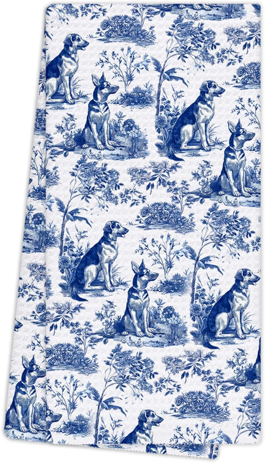 Chinoiserie German Shepherd Dog Kitchen Towels, German Shepherd Gifts Hand Towels for Bathroom Decor, Blue and White Floral Grandmillennial Dog Dishcloths Dish Towel for Kitchen 16x24 Inches