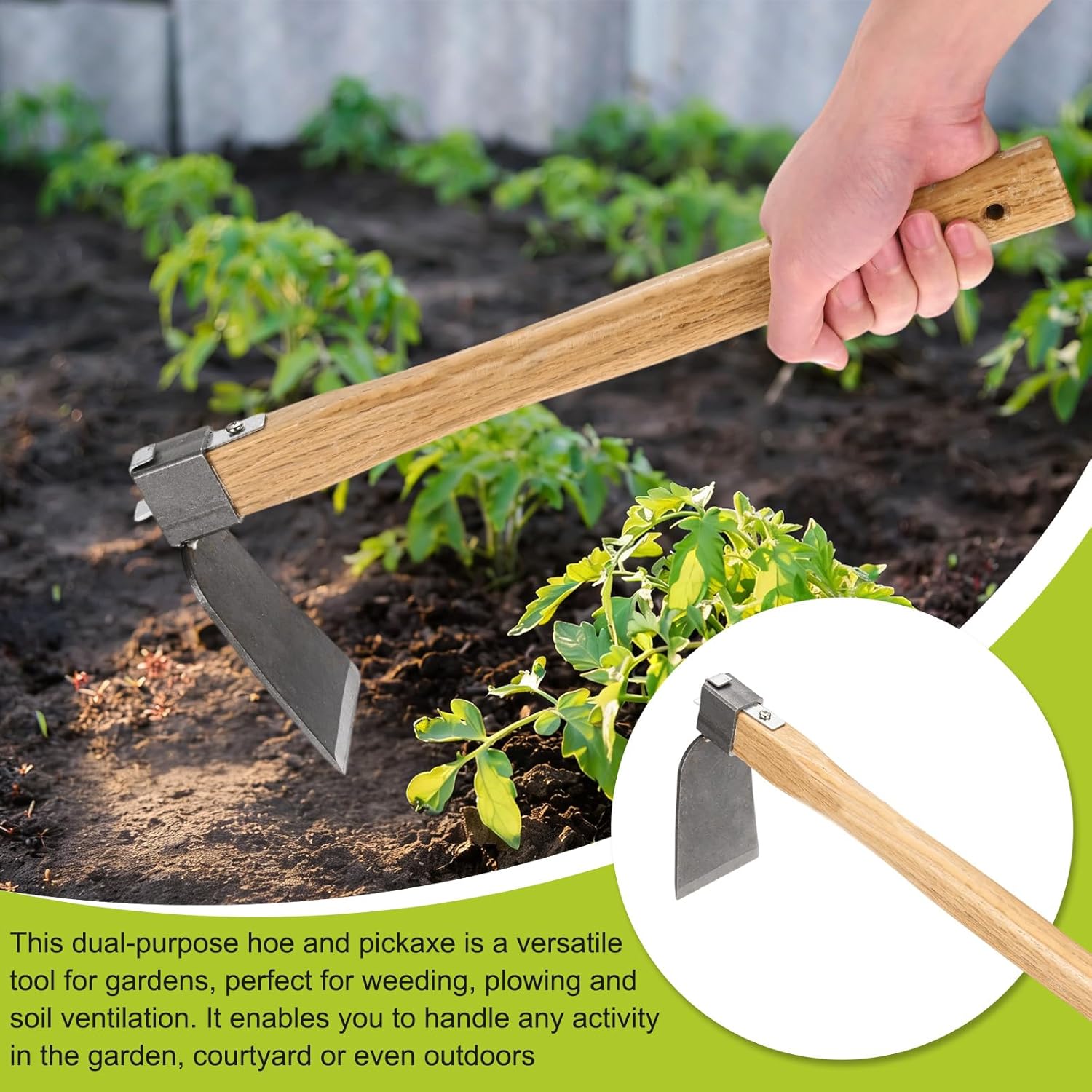 Heavy Duty Curved Hoe, 15.4 Inches Stainless Steel Mattock with Garden Hoe for Digging, Weeding, and Planting, Gardening Tool with Wooden Handle