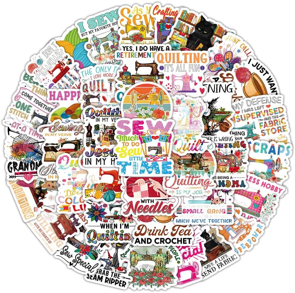 50Pcs Quilting Stickers -Sewing Stickers Waterproof Vinyl Removable No Residue Stickers, for Skateboard Fridge Laptop Phone Luggage, Suitable for All Ages (Sewing) image 2