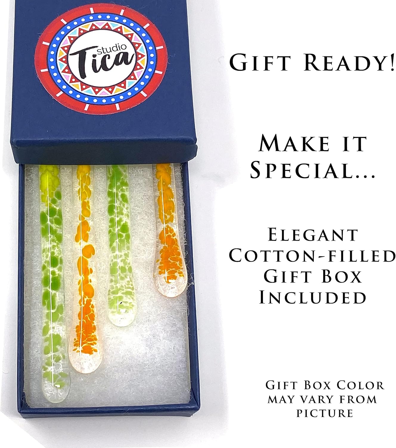 Handmade Glass Swizzle Sticks: The Aiden (Paradise Collection) - 7.25 inch stirrer for Coffee Tea and Mugs - Set of 4 with Gift Box by studioTica