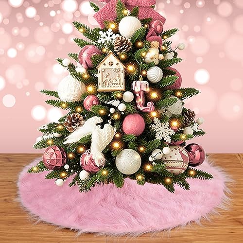 Miniatura 6 de Sofevaim Mini falda de árbol de Navidad de piel sintética rosa, 15 pulgadas, miniatura de felpa esponjosa, decoración de Navidad nevada, alfombra de