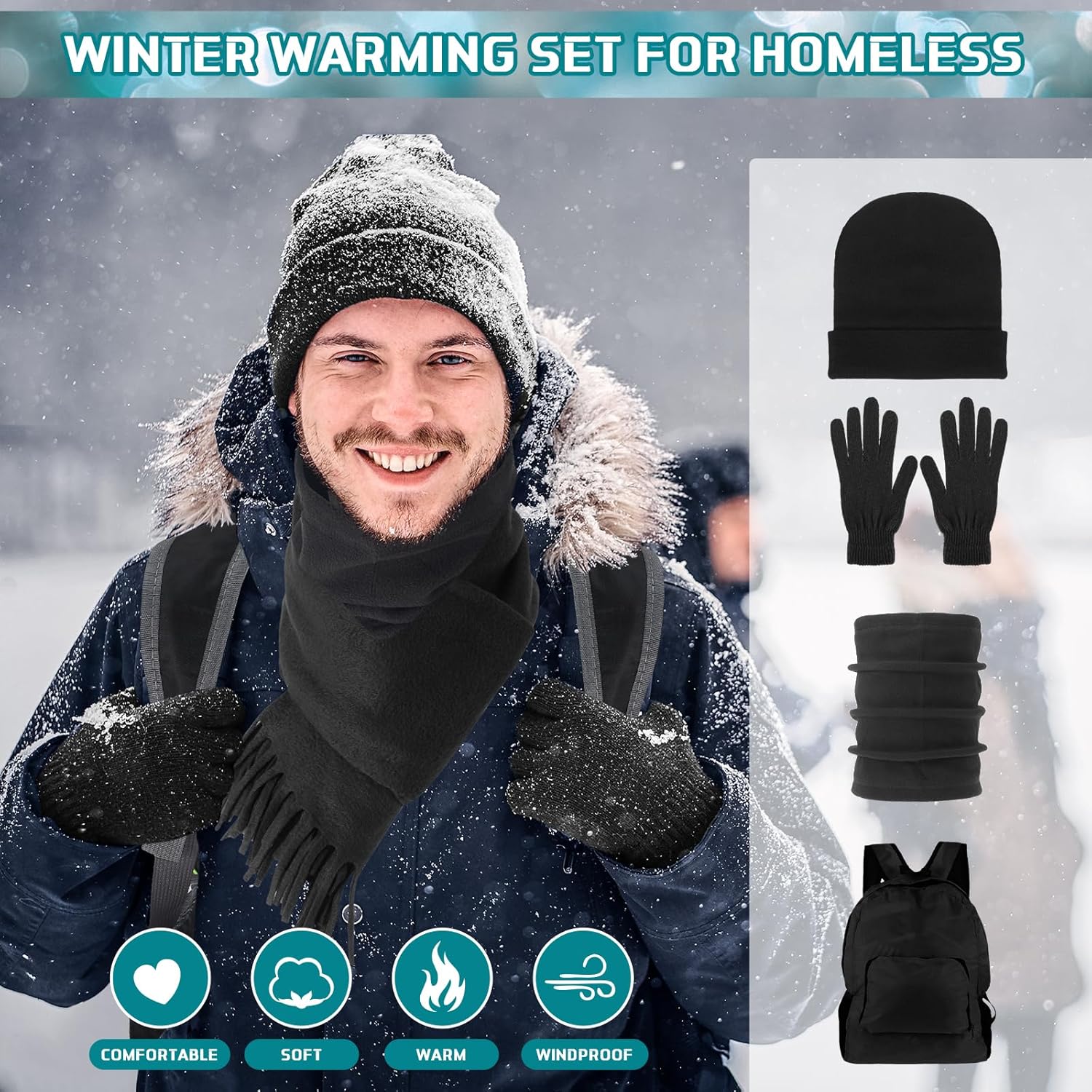 Suhine 72 Pack Homeless Supplies Bulk:winter Gloves Beanies Backpack Neck Warmers Set Knit Beanie Gloves for Adults Homeless Shelters Supplies - Image 4