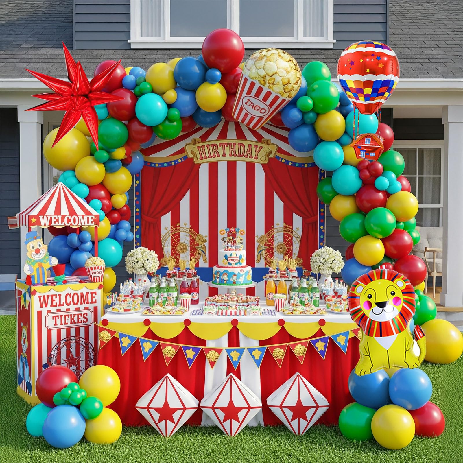 117PCS carnival circus Balloon garland kit with Red Blue Yellow Teal and Lion & Popcorn & Hot Air Balloon and Link Balloons for cartoon clown Theme