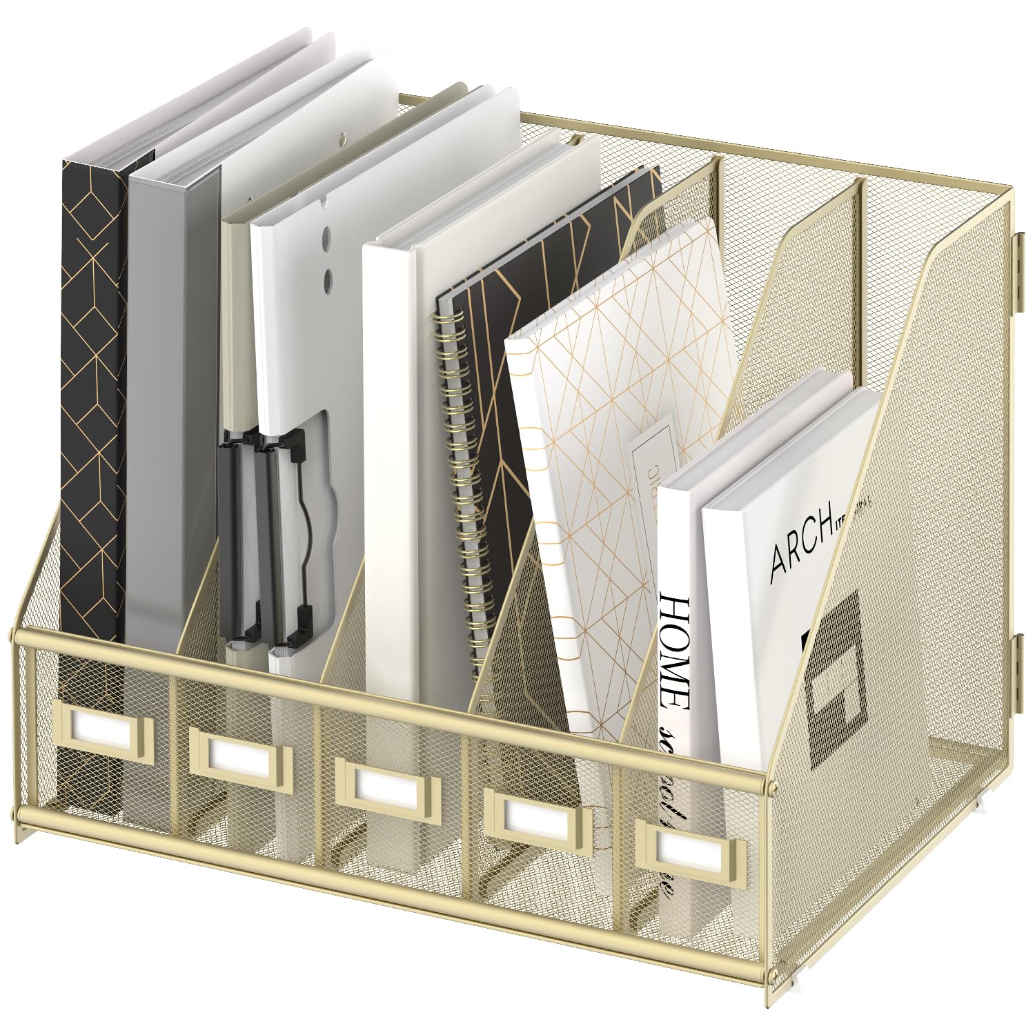 SUPEASY Desk Organizers Metal Desk Magazine File Holder with 5 Vertical Compartments Rack File Organizer for Office Desktop, Home Workspace, Golden Yellow