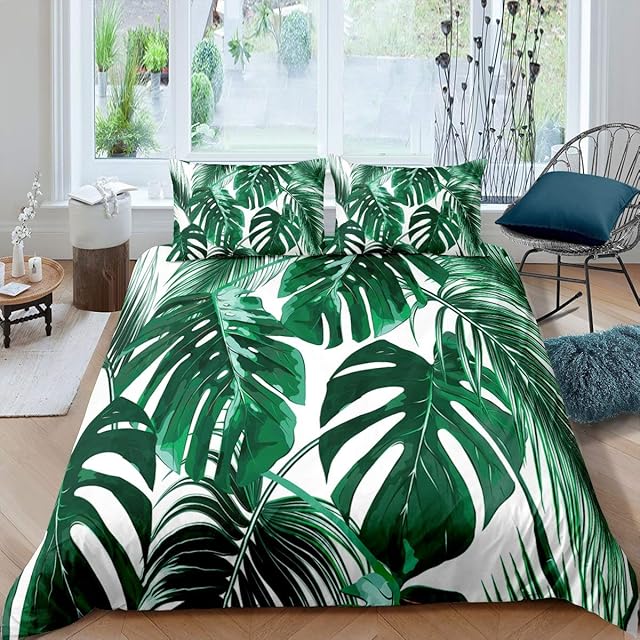 Loussiesd Palm Leaf Bedding Hawaiian Tropical Island Duvet Cover for Kids Children Teens Adult Palm Tree Green Plants Comforter Cover Nature Theme Bedspread Cover Quilt Cover 2Pcs Single Size