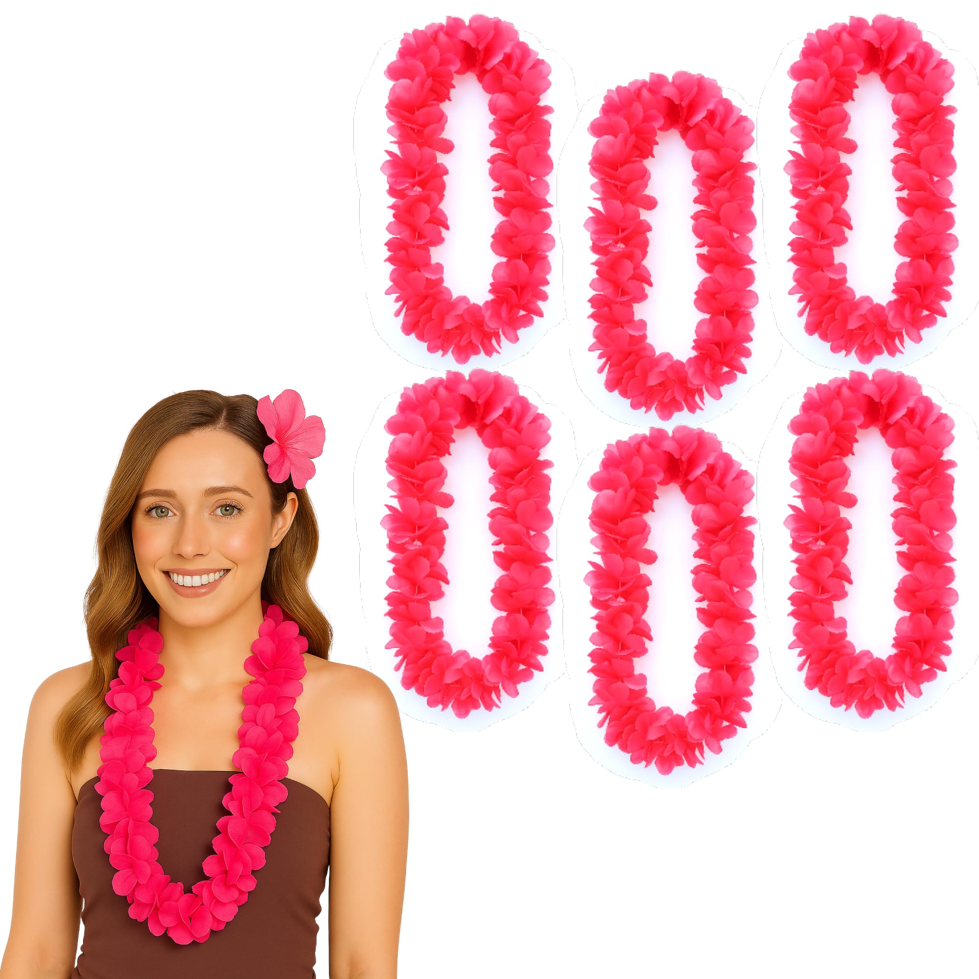 Lizzy 6 x Pink Hula Lei Garland (110cm) | Bright Hawaiian Flower Necklace for Hen Parties, Fancy Dress, Festivals, Beach Events & Luau Costumes | Floral Fancy Dress Accessory (6)
