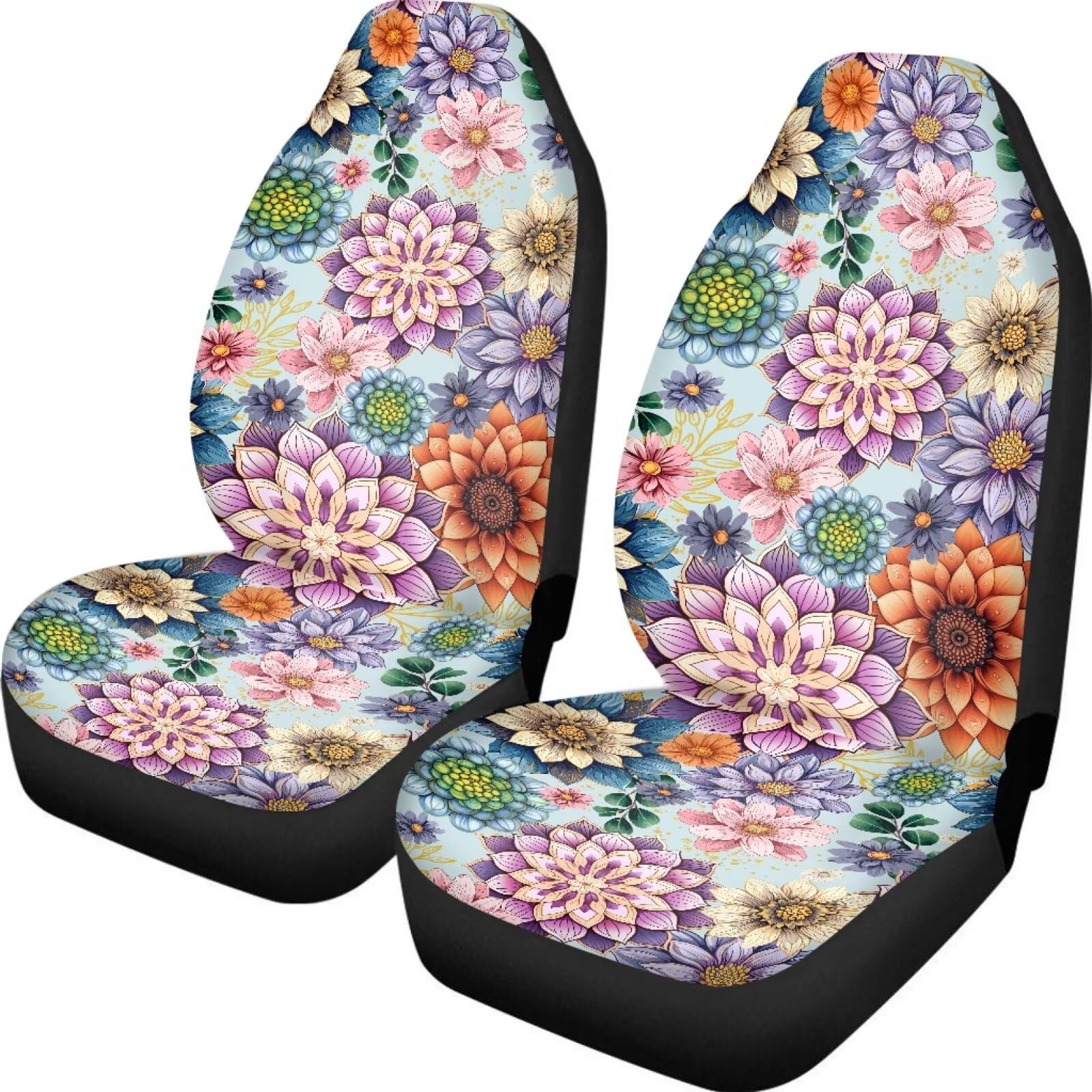 Forchrinse Bright Blossoms Car Seat Covers for Women Boho Mandala Floral Front Seat Protector for Vehicle Sedan SUV