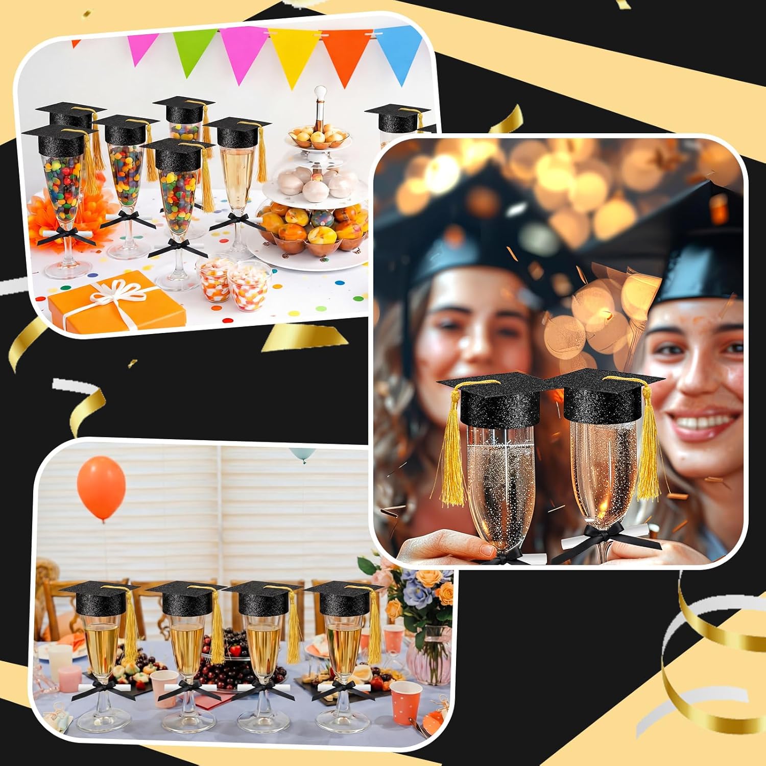 24 Sets 2026 Graduation Party Decoration Plastic Champagne Flutes Mini Grad Cap Bottle Toppers Goblet Covers with Tassel and Scroll Diploma Black Bow DIY Graduation Cap Favors for Table Decor