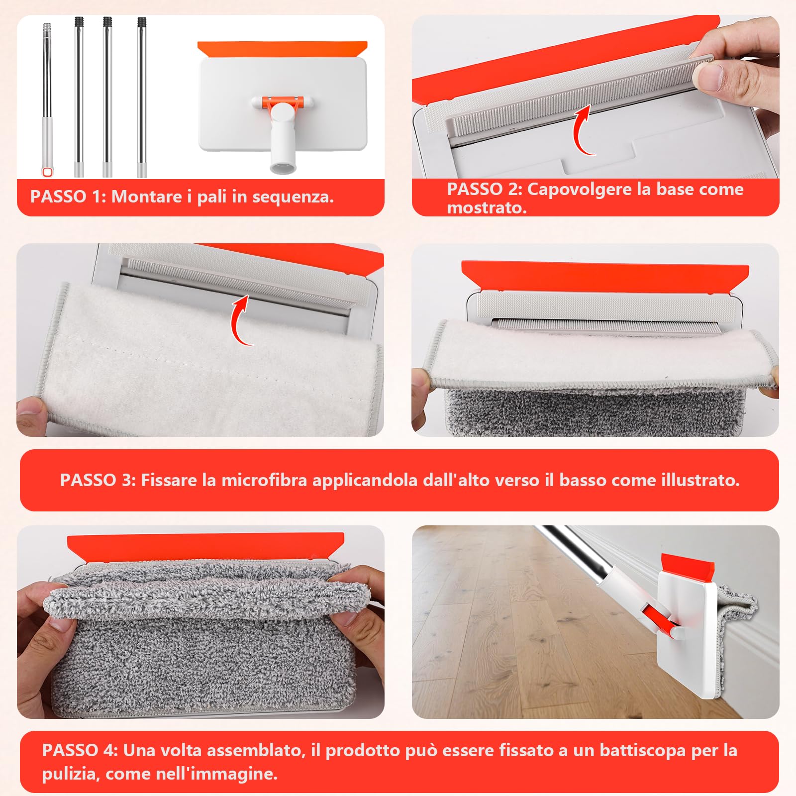 Mocio Pulisci Pavimenti per Battiscopa Legno e Piastrelle con Manico Lungo 147 cm - Per Battiscopa, Soffitti, Piastrelle e Finestre