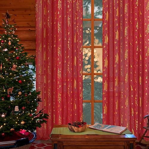 Decoraciones navideñas rojas para el hogar, cortinas traslúcidas de Navidad de 84 pulgadas de largo para niñossala de estar, juego de 2 paneles,