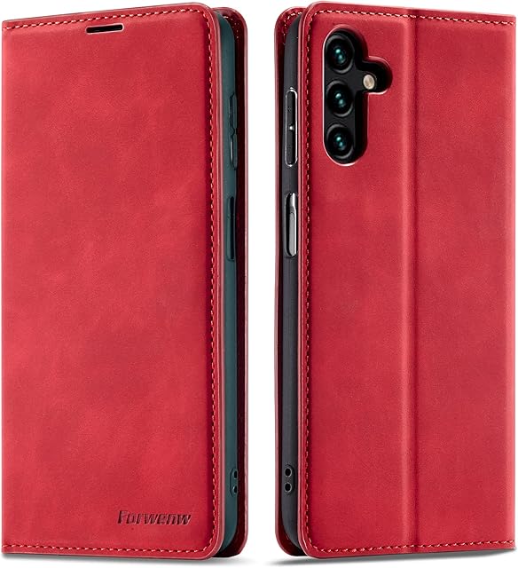EYZUTAK Premium PU Leather Flip Folio Case for Samsung Galaxy A13 5G/4G/A04S, Protective Case with Kickstand Card Slot Magnetic Closure Shockproof Full Protection Wallet Cover - Red