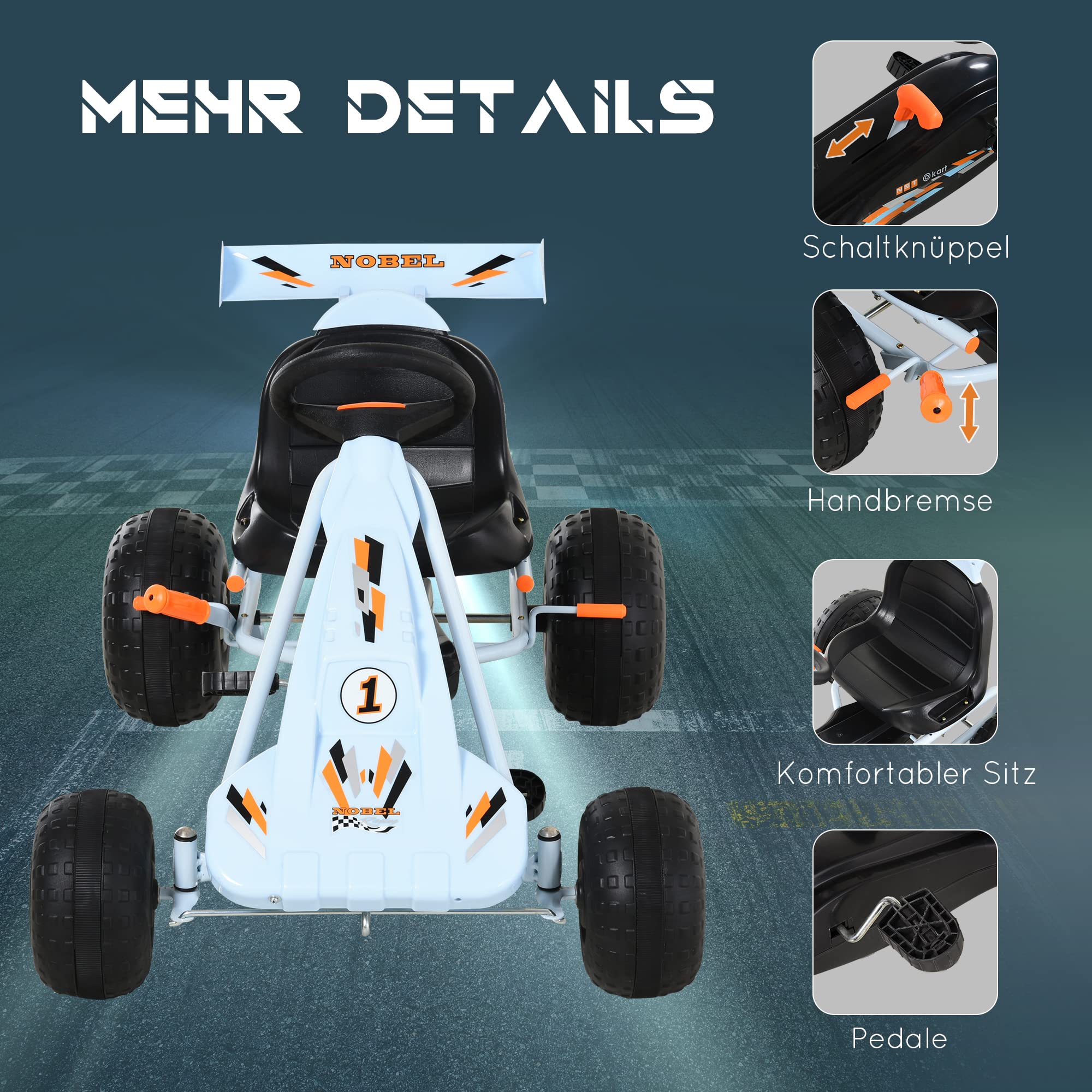 HOMCOM Gokart Tretauto mit Handbremse für Kinder ab 3 Jahren Hellblau | Verstellbarem Sitz, Pedal, Vor- und Rückwärtsgang, Kettcar, Tretfahrzeug, Kinderfahrzeug, Kinderspielzeug, Pedal-Gokart