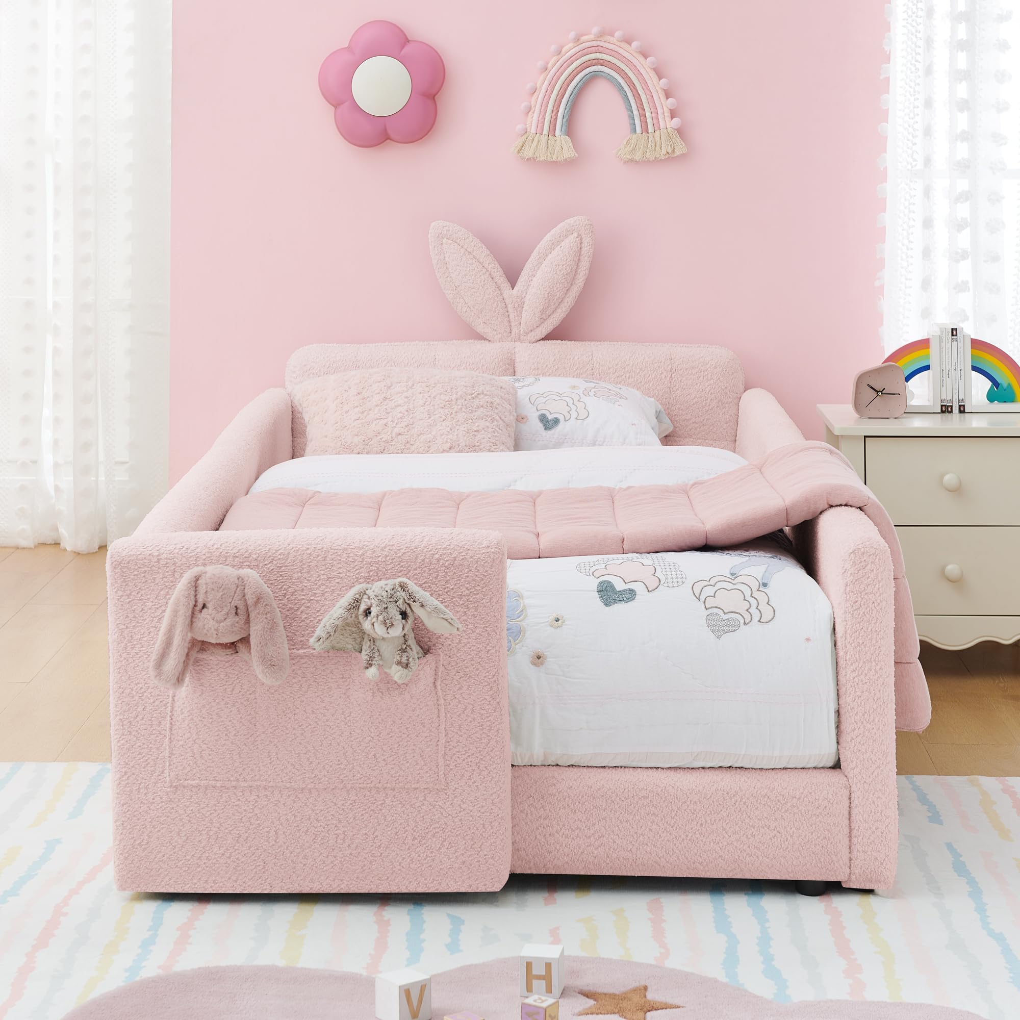 Twin Size Upholstered Platform Bed with Safety Guardrail and Cute Rabbit Ear Shaped Headboard, Boucle Fabric Montessori Kids Bed with Pocket and