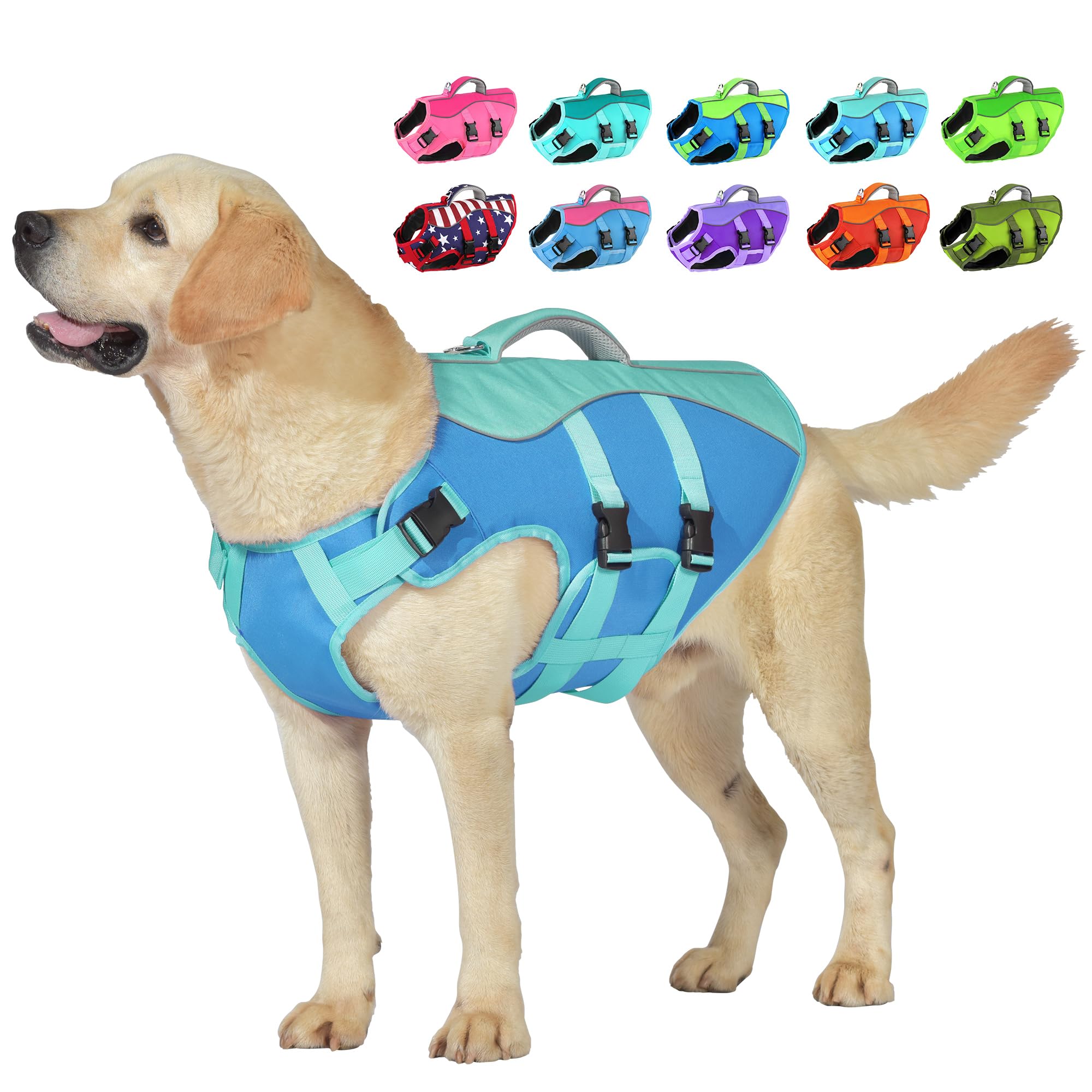 Dog Life Jacket, High Buoyancy Dog Life Vest with Handle for Swimming Boating, Adjustable Swimming Vest with Reflective Trim for Small Medium Large