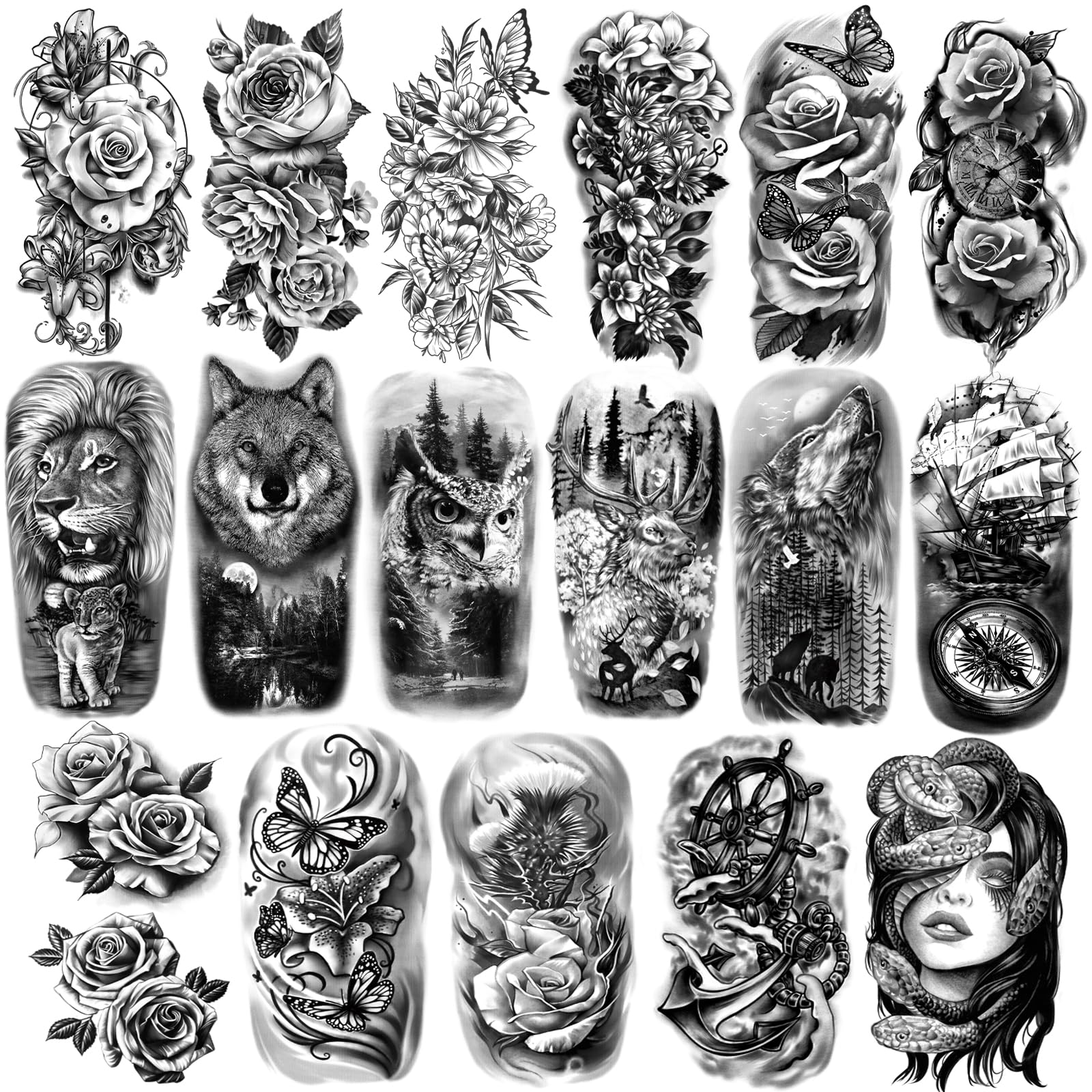77 hojas de tatuajes temporales para hombres y mujeres, medio brazo león lobo búho serpiente rosa, pegatinas de tatuaje falso impermeables realistas para adultos