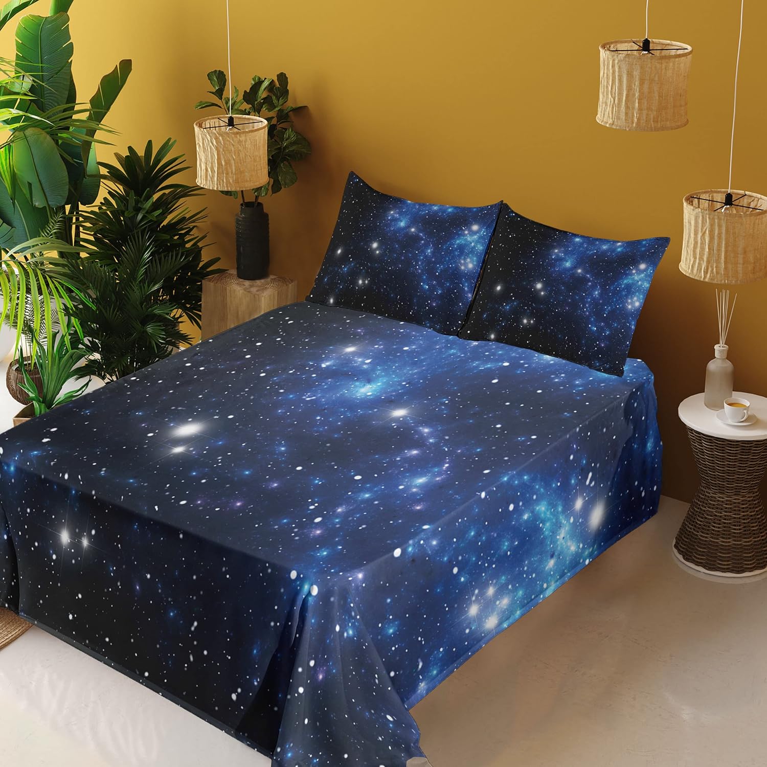 Ambesonne Constellation Sheet Set, Outer Space Star Nebula Astral Cluster Astronomy Theme Galaxy Mystery, Fitted and Flat Sheet with Pillowcases Bedding Accent 4 Piece Set, Queen, Blue Black White
