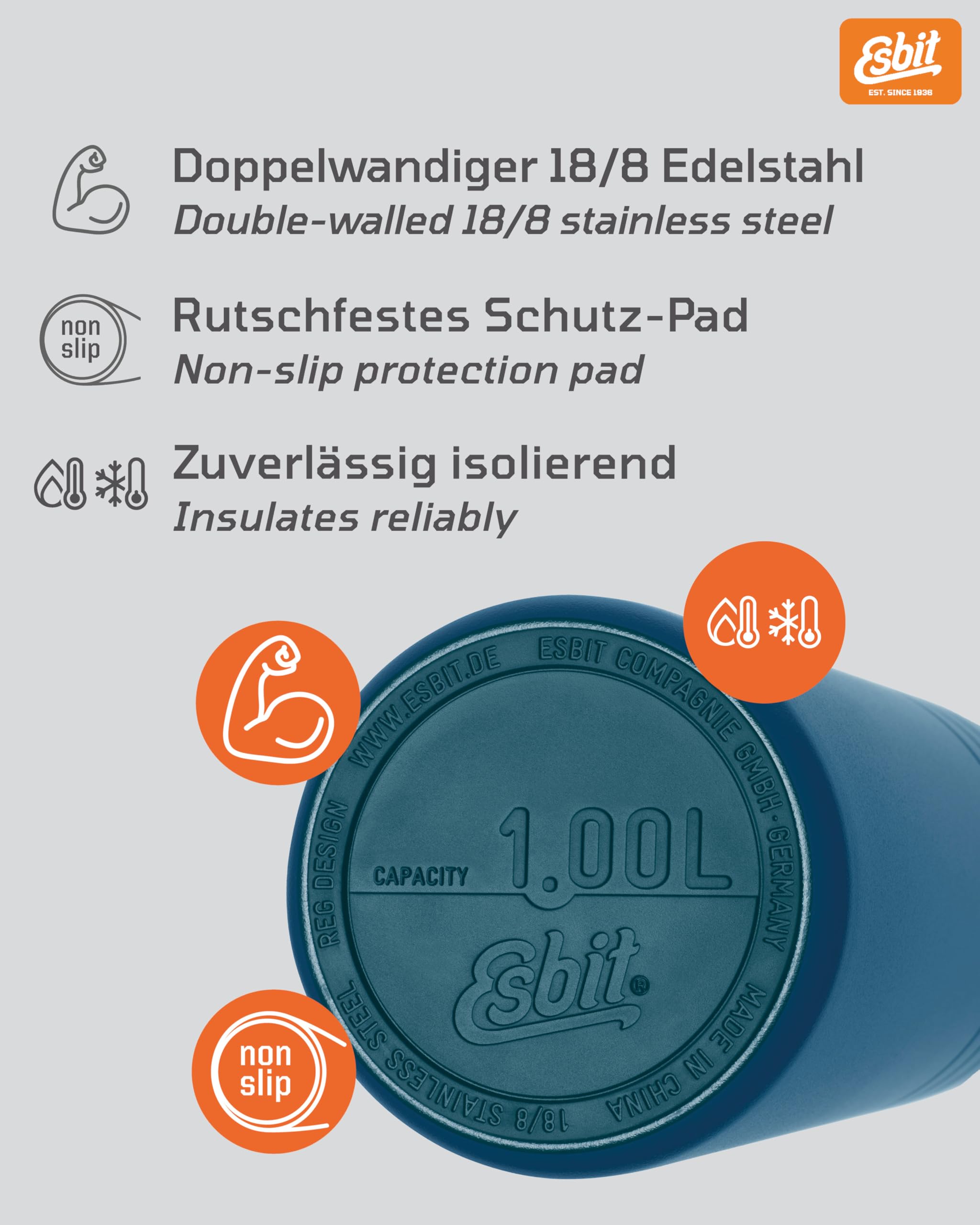 Esbit Isolierflasche Majoris mit Becher - Trinkflasche 1000 ml aus Edelstahl in Polar Blue - für warme und kalte Getränke
