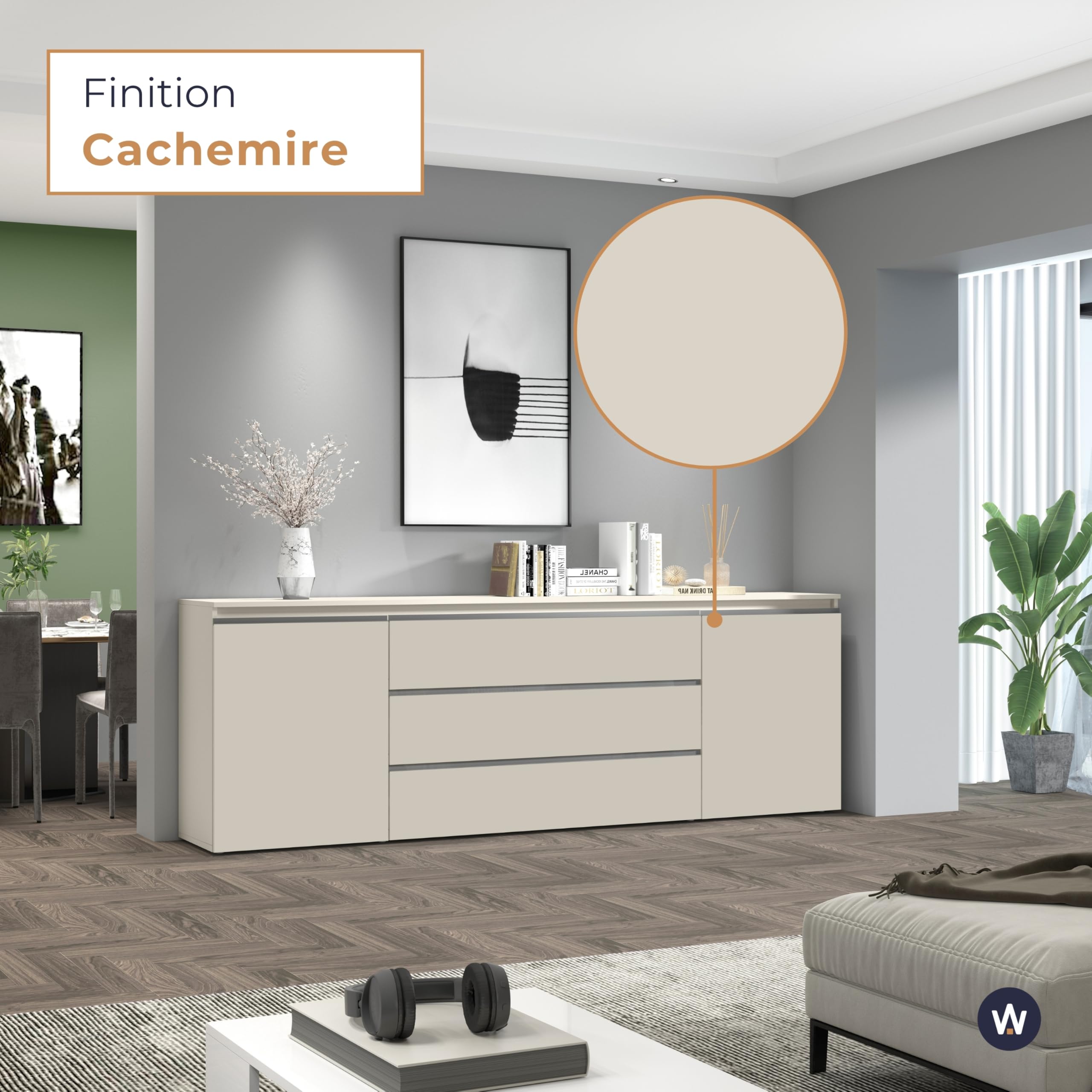 WHOUS Buffet Magic pour Salon avec 2 Portes et 3 Tiroirs, bahut pour Cuisine et Salle à Manger, Dimensions 240 x 40 x 80, Couleur Cachemire