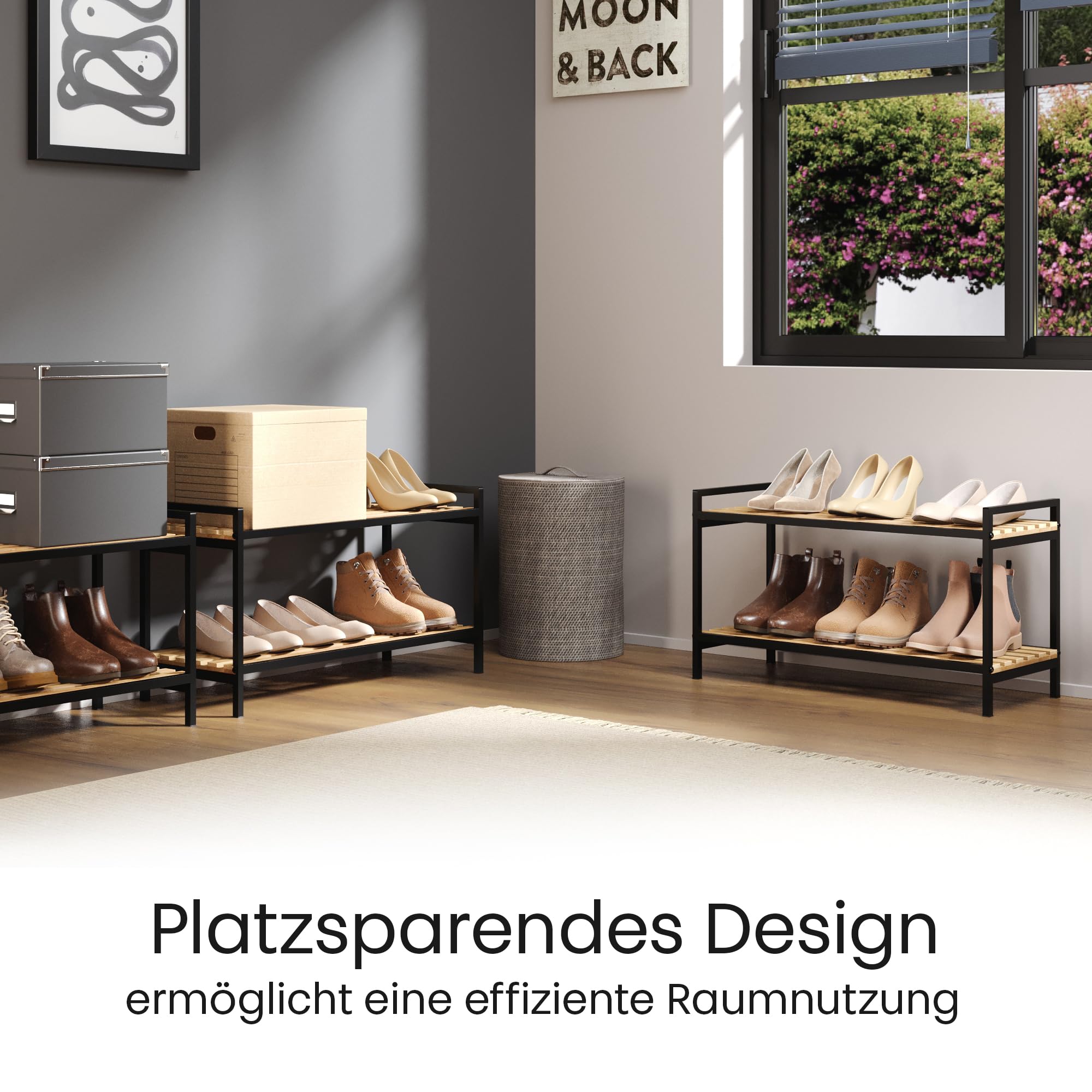 Schuhregal platzsparend, Design Schuhregal, Schuhorganizer, Schuhaufbewahrung für Eingangsbereich, Flur, Wohnzimmer - hochwertig, modern, aus Metall und Bambus, 2 Ebenen, 73x30x41cm