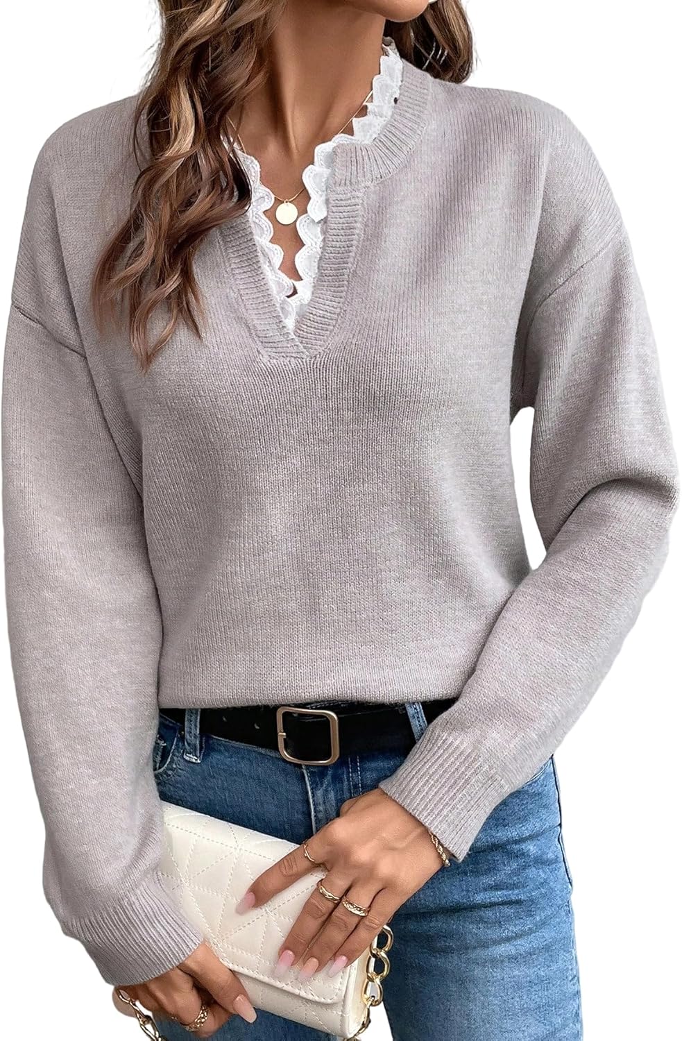 SHENHE Women's Lace Peplum Sweater 2026 Spring V Neck Casual Knit Long Sleeve Tops Elegant Lightweight Pullover Clothes