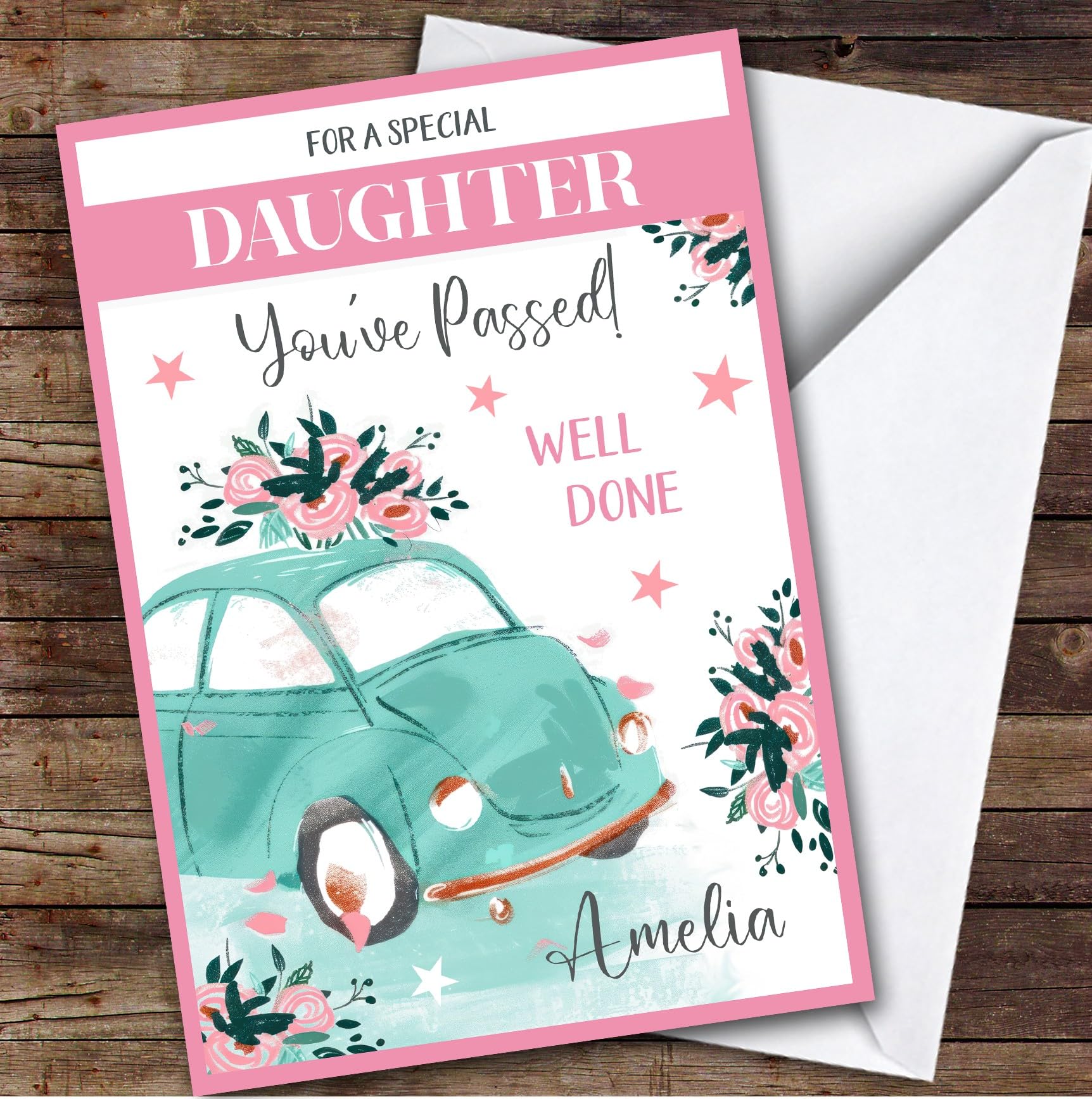 Personalised Passed Driving Test Card For Daughter Car Flowers Pink | Custom Greetings Card For Passed Driving Test Any Text Inside & Out