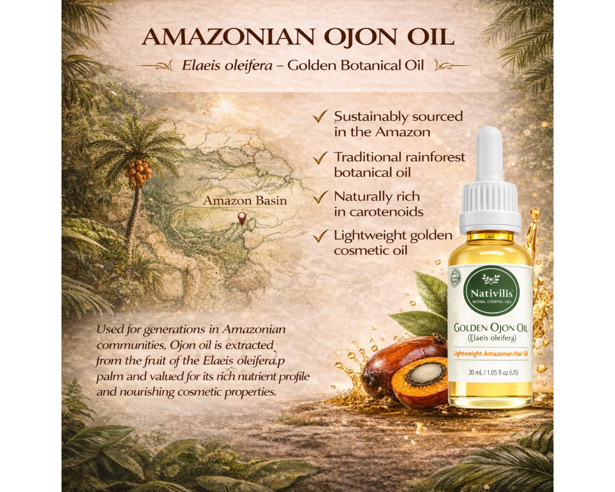 Nativilis Ojon Caiaue Golden Oil - Potenciador natural de la piel del cabello Rainforest Virgin Oil - Revitaliza los folículos dañados Cabello - Copaiba
