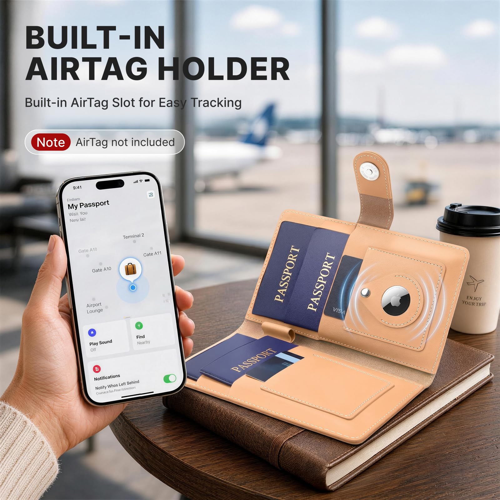 ALLIVE Reisepasshülle für Reisen, Familie, echtes Leder, Reisepasshülle mit AirTag-Schlitz, RFID-blockierender Reisedokumenten-Organizer für Damen und Herren, Flughafen-Essentials