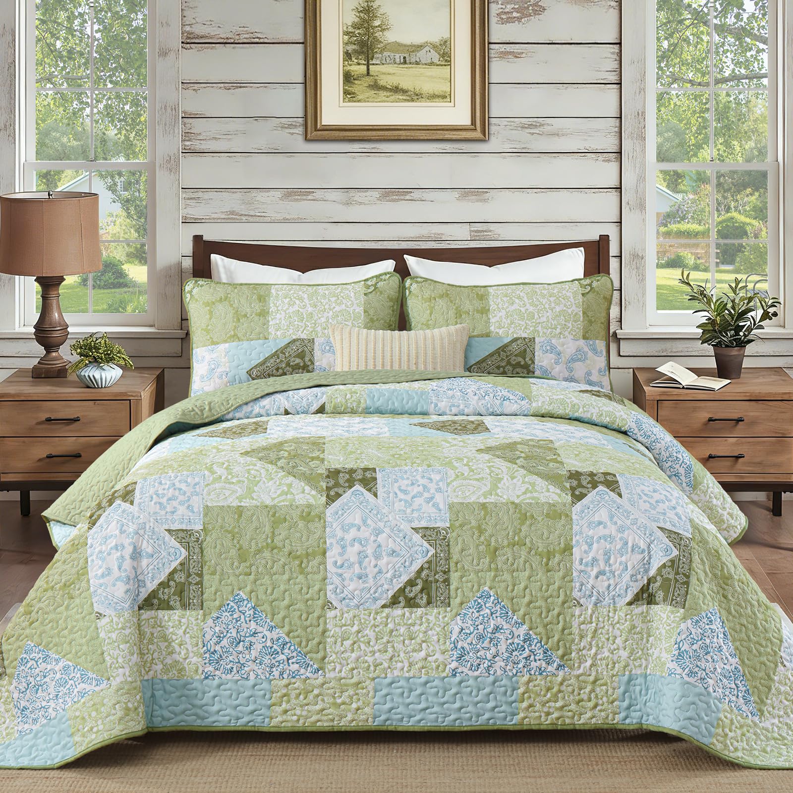 Mybedsoul Quilts Queen Size, Floral Patchwork Bedding Set, Sage Green