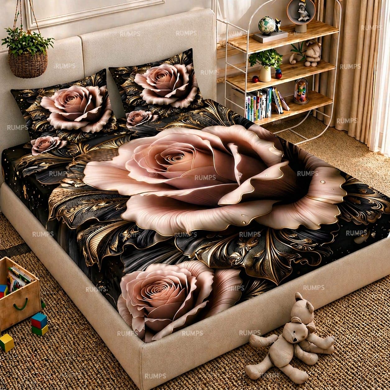RUMPS 3D Digital Printed Double Bedsheet Flat | Premium Knitted Cotton MicroFabric 90x100 Inch Bed Sheet with 2 Pillow Covers, Cute Cartoon Blue Bird (7D Digital Pink Flower)