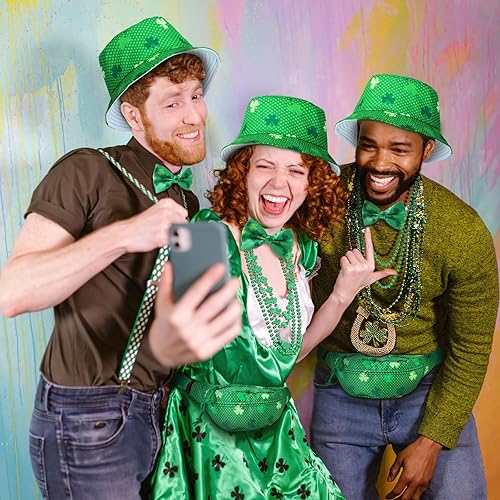 Vista 5 de Wigood Collares del día de San Patricio con cubierta de trébol verde, sombrero superior, collares de cuentas metálicas para disfraces de fiesta
