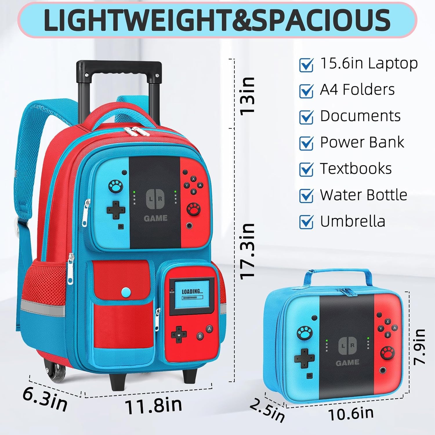 Kids Rolling Backpack for Boys - 3PCS Gamer Boys Rolling Backpack with Lunch Box Set, Wheeled Travel Bookbag for Elementary Middle School, Lightweight Roller School Bag