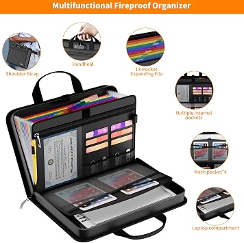 Fireproof Accordion File Organizer with Lock, Expanding File Folder