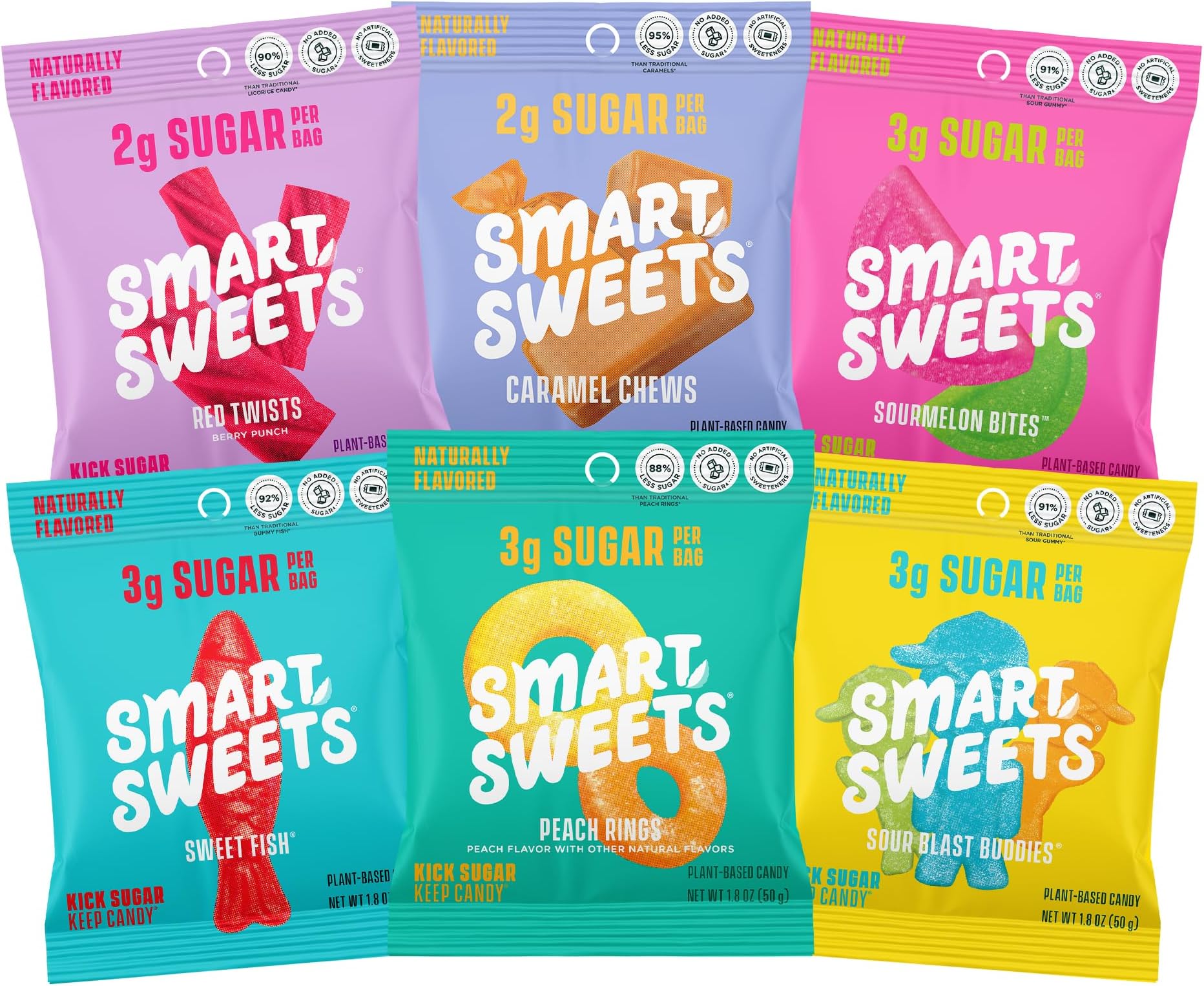 SmartSweets Variety Pack Sampler, Pack of 6 Individual Flavors, Low Sugar & Calorie Candy - Sweet Fish, Sourmelon Bites, Peach Rings, Sour Blast Buddies, Red Twists, & New Soft Caramels
