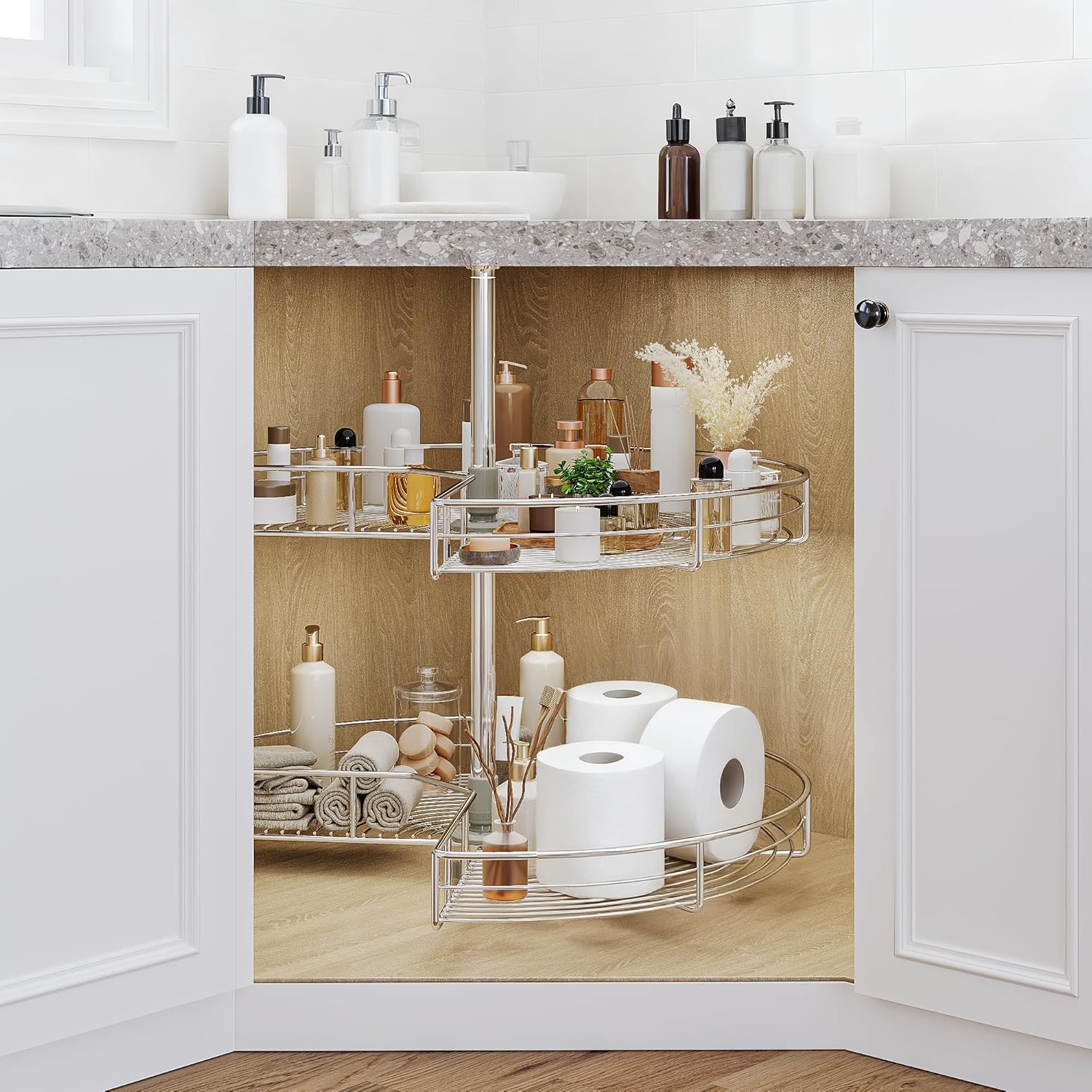 DWVO 31″ Kidney 2-Tier Lazy Susan – Telescoping Mount Corner Cabinet Organizer with Pie-Shelf Design, for Bathroom,Kitchen Cabinet Blind Corners (Chrome, 270° Adjustable)