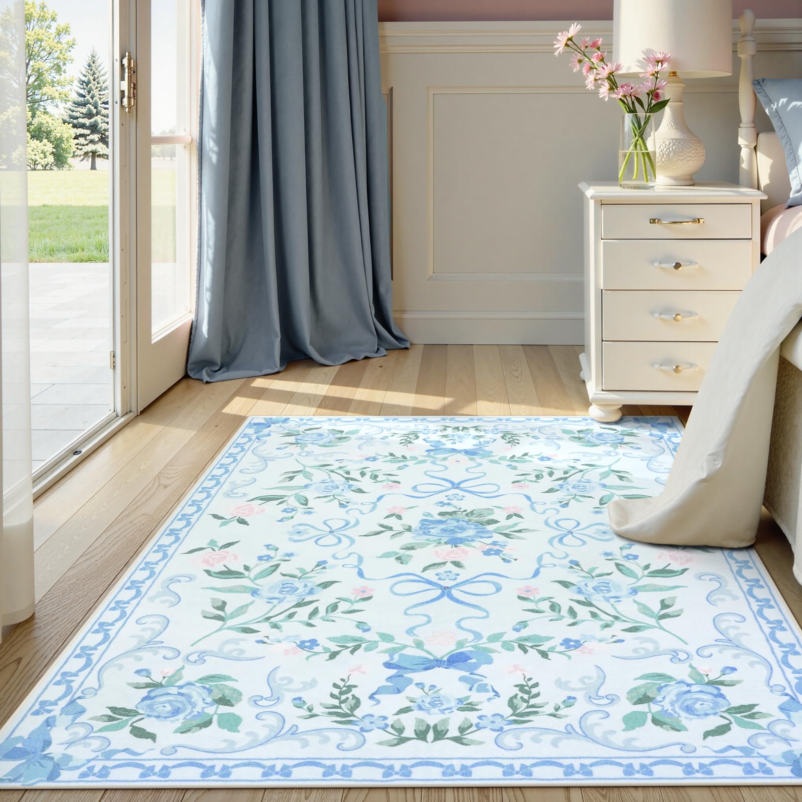 Collive 4x6 Blue Floral and Bow Washable Nursery Rug for Girls Bedroom — image 1